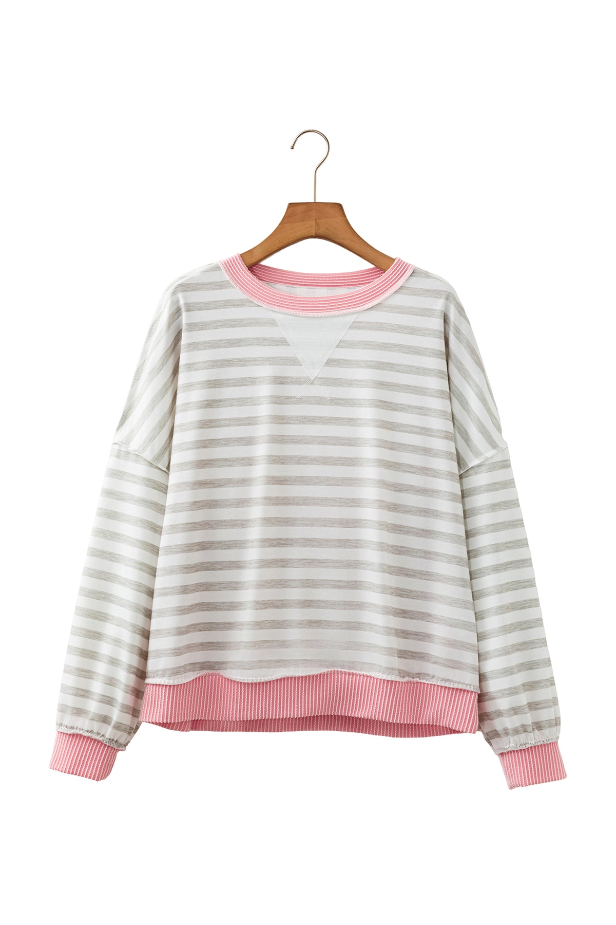 Pink Twisted Rib Trim Striped Round Neck Long Sleeve Top