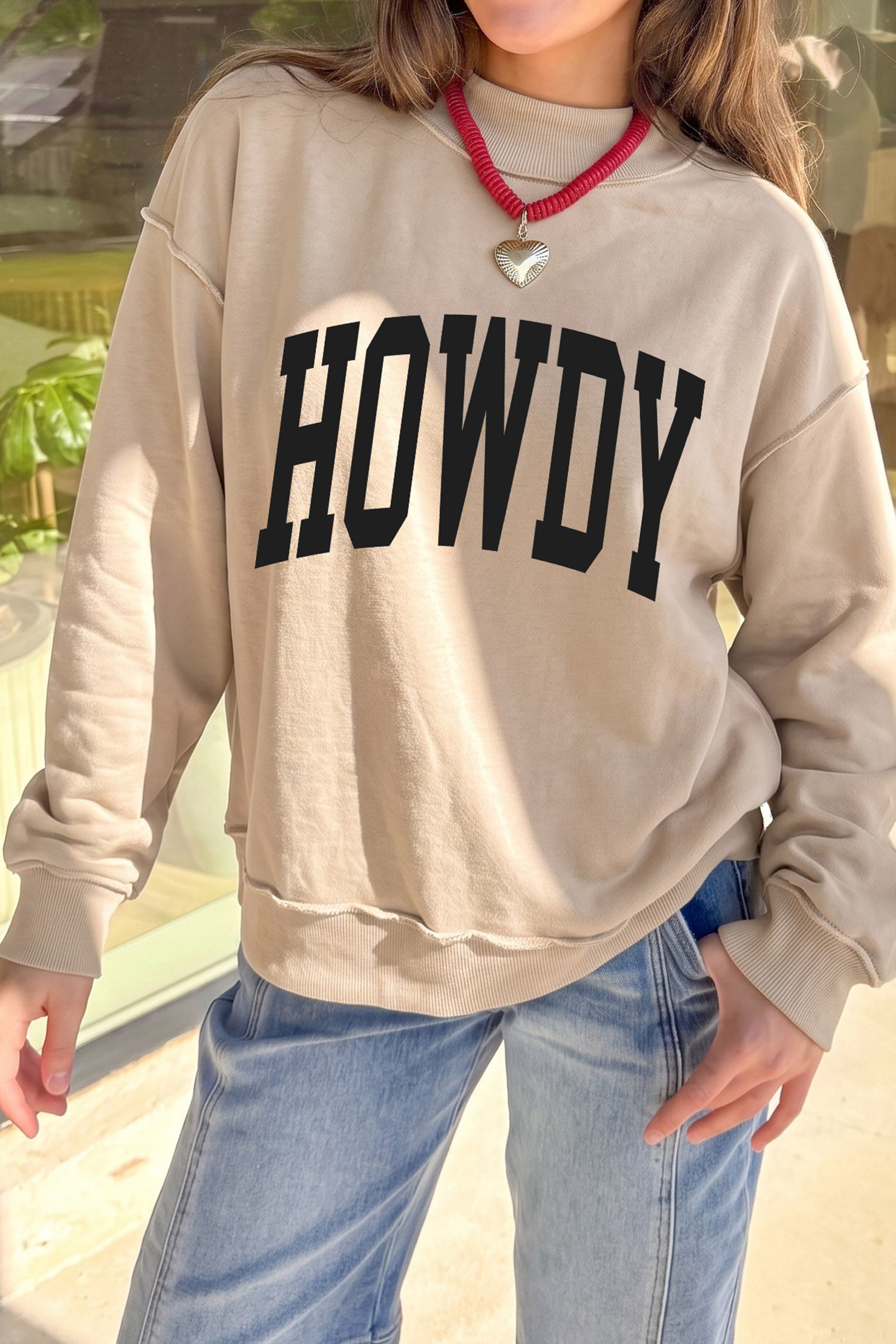 Apricot HOWDY/ YEEHAW Double Side Printed Mock Neck Western Reversible Sweatshirt