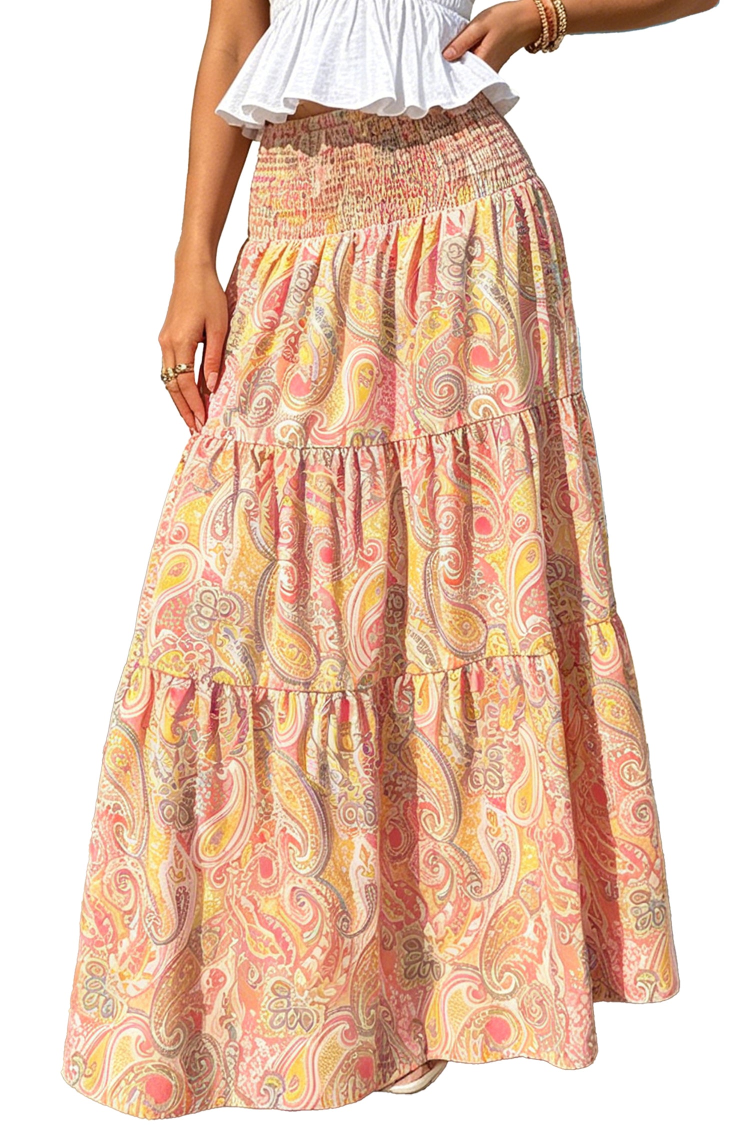 Gossamer Pink Boho Vintage Paisley Print Tiered Long Skirt