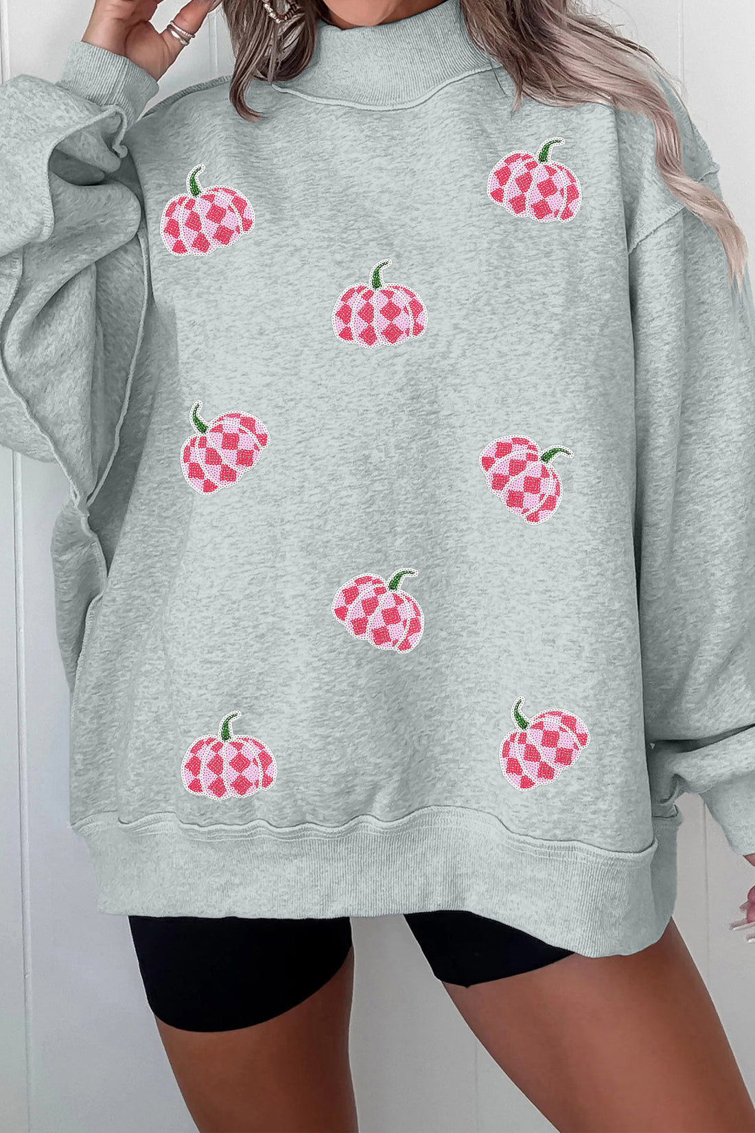Gray Sequined Pumpkin Graphic Mock Neck Baggy Pullover Sweatshirt