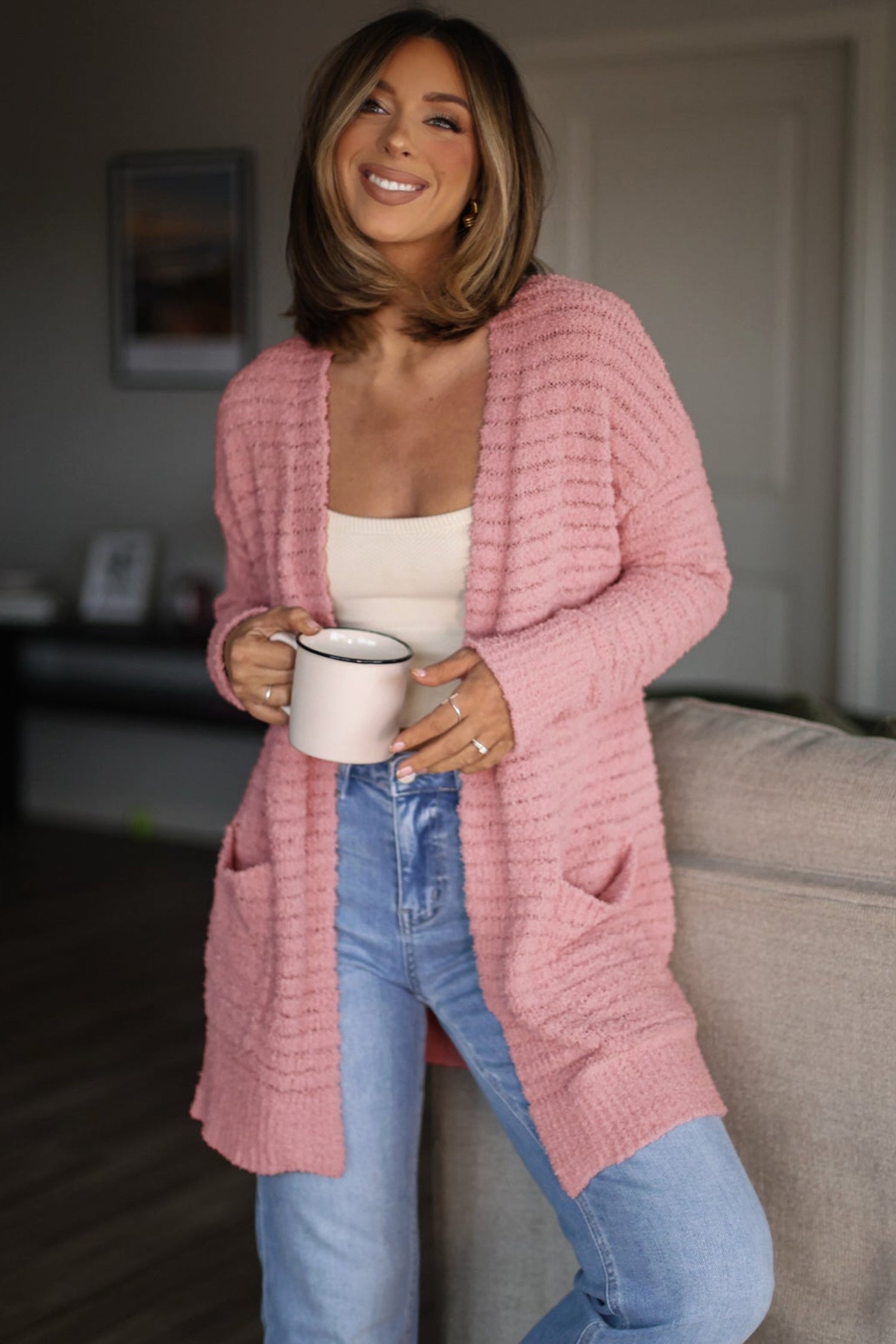 Light Pink Open Front Soft Fuzzy Ribbed Sweater Cardigan