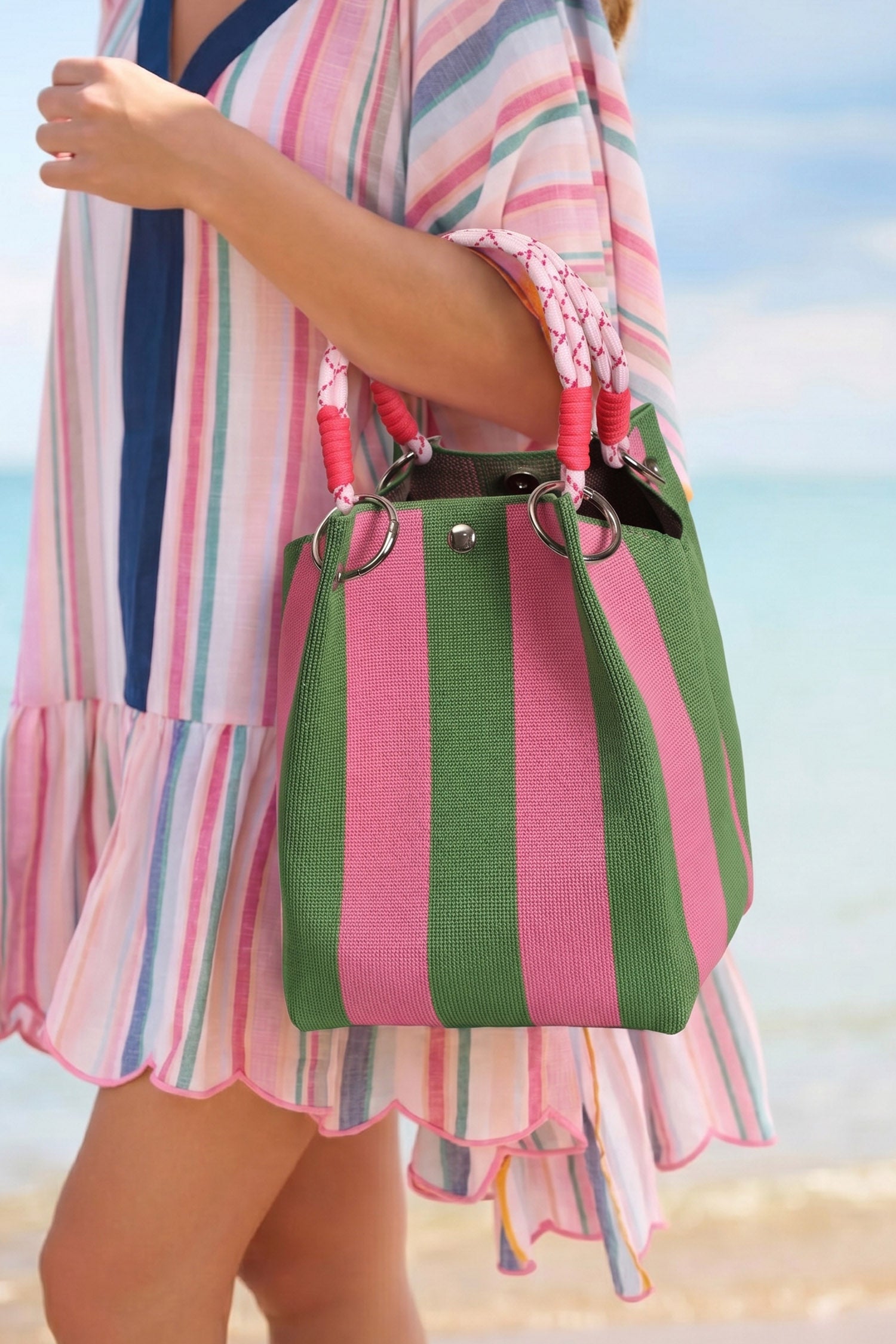 Fern Green Striped Pattern Rope Handles Metal Ring Boho Style Handbag