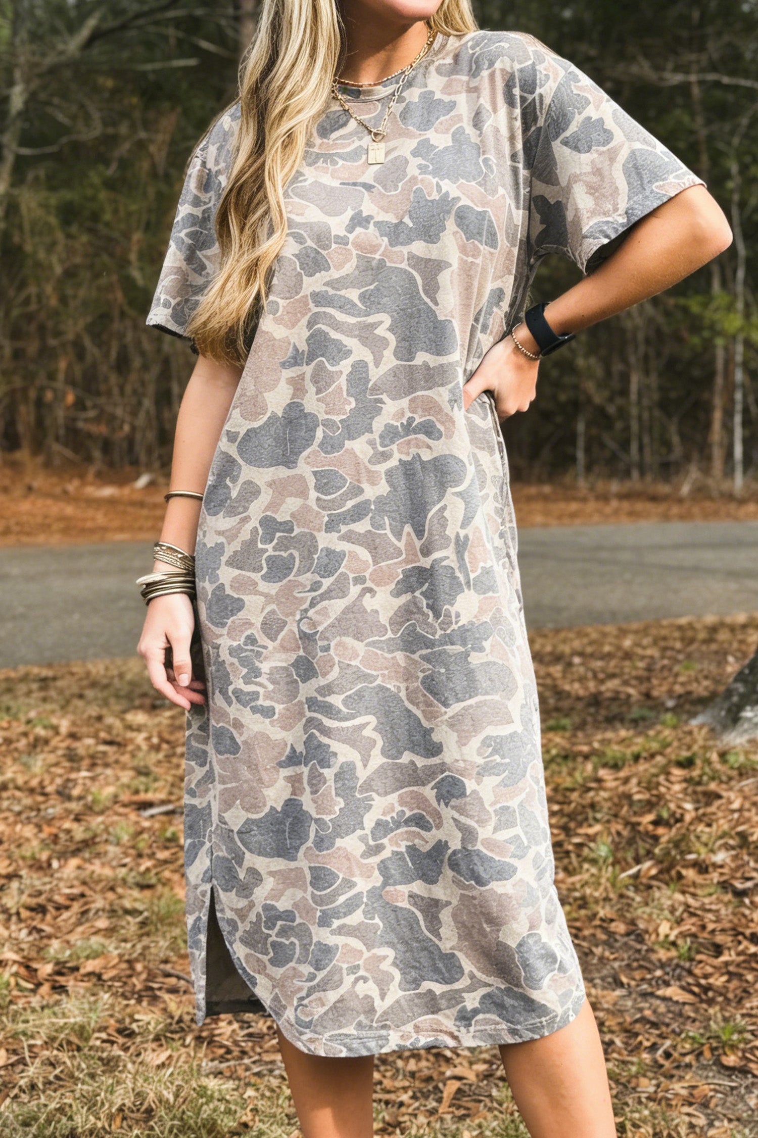 Multicolour Camouflage Print Short Sleeve Drop Shoulder Side Slit Casual Dress