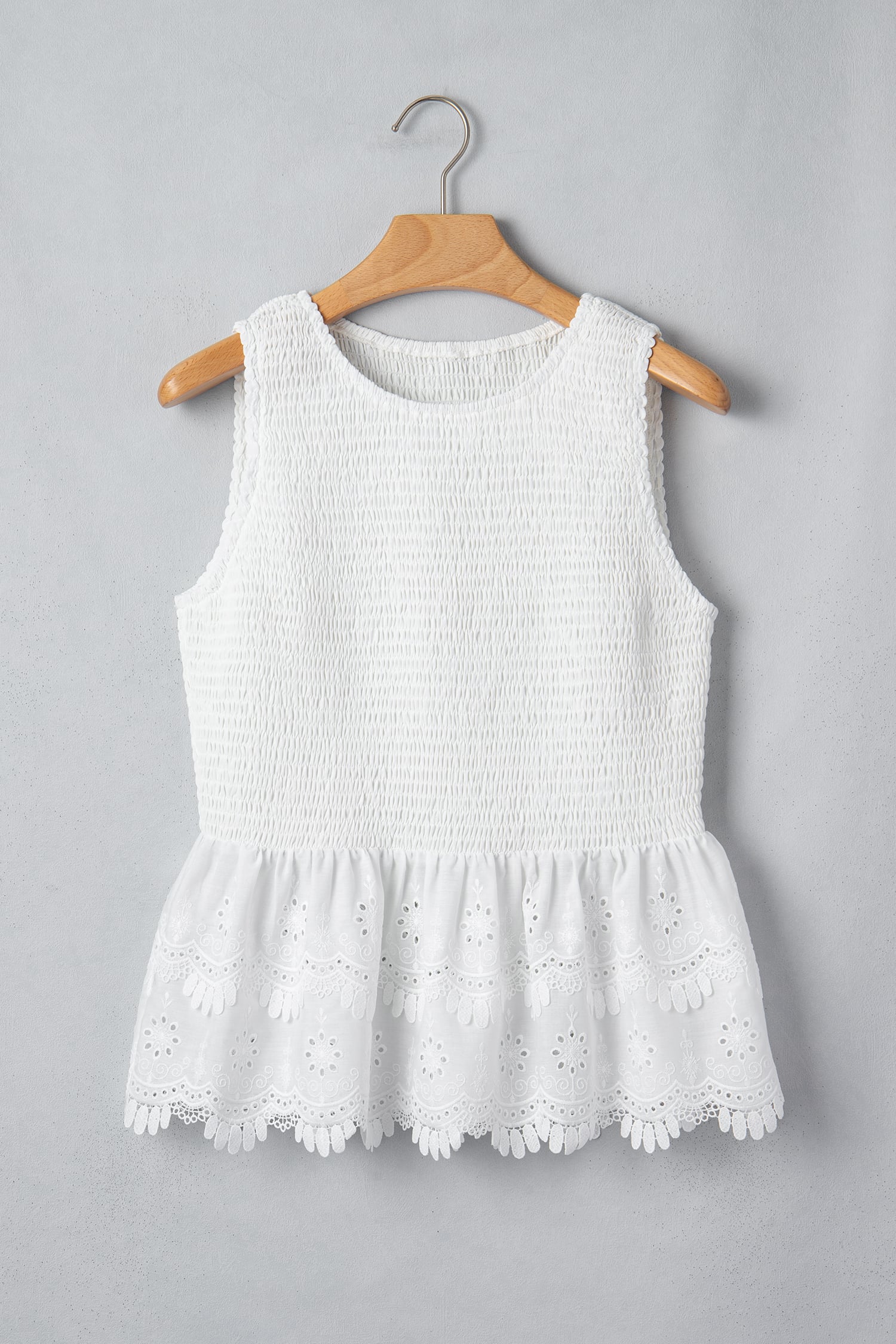 White Sleeveless Smocked Lace Peplum Top