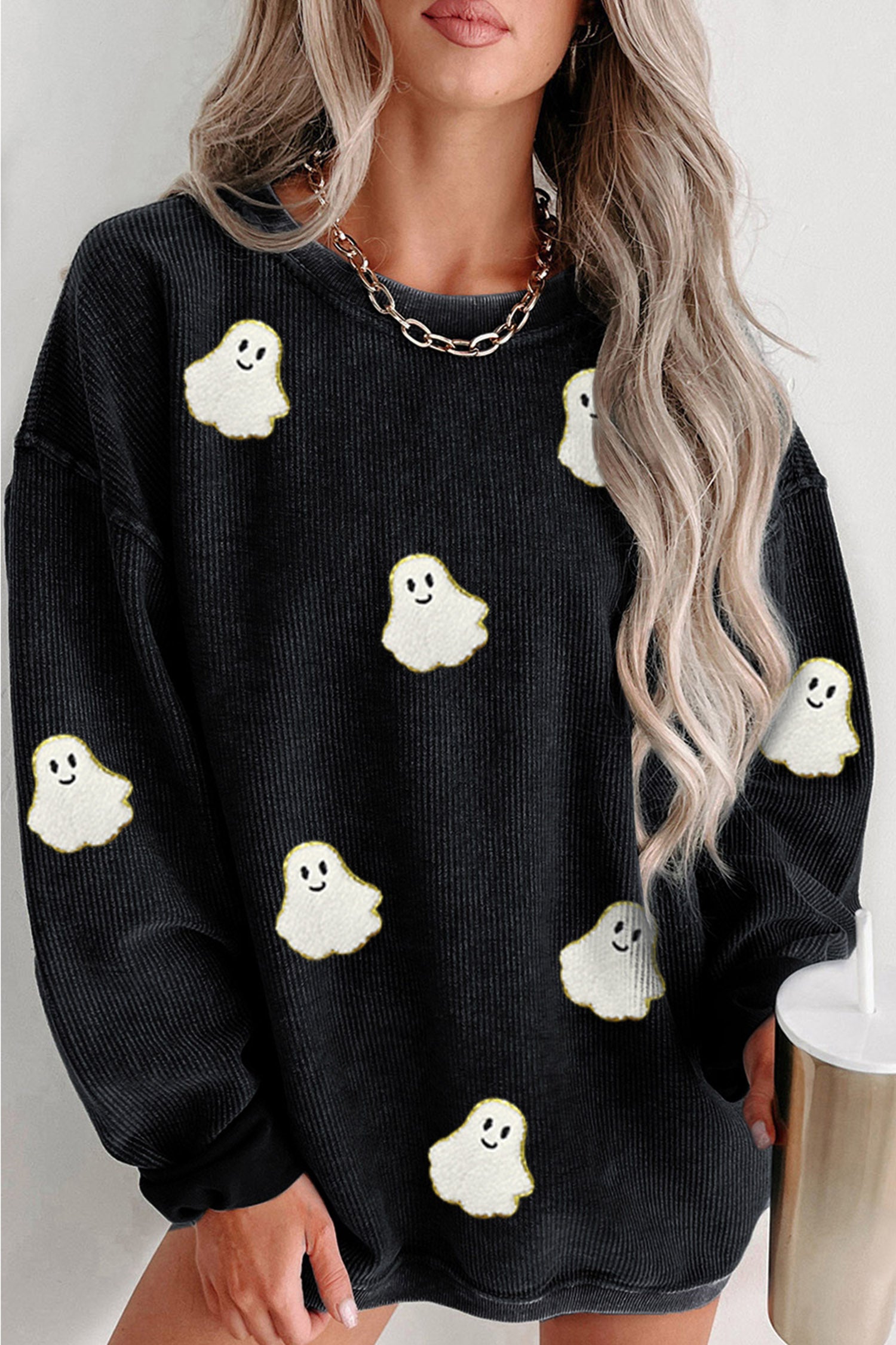 Black Oversized Ghost Print Pullover Corded Sweatshirt