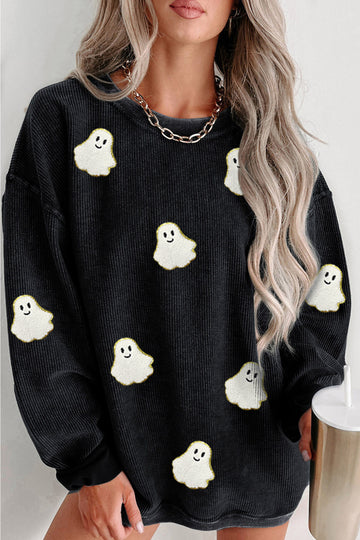 Black Oversized Ghost Print Pullover Corded Sweatshirt