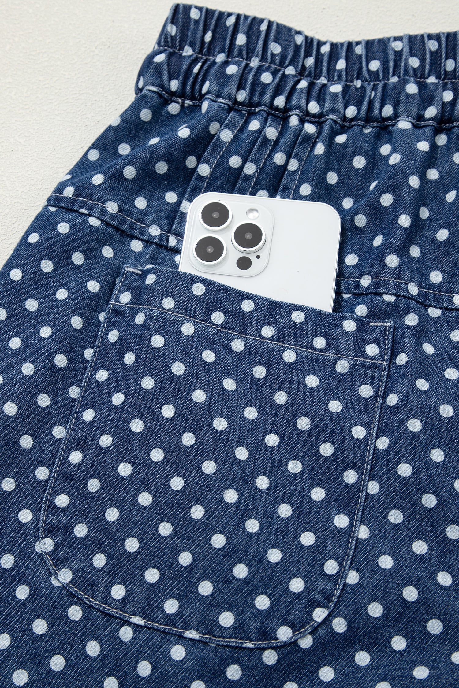 Sky Blue Polka Dot Print Button Pleated Detail Wide Leg Jeans