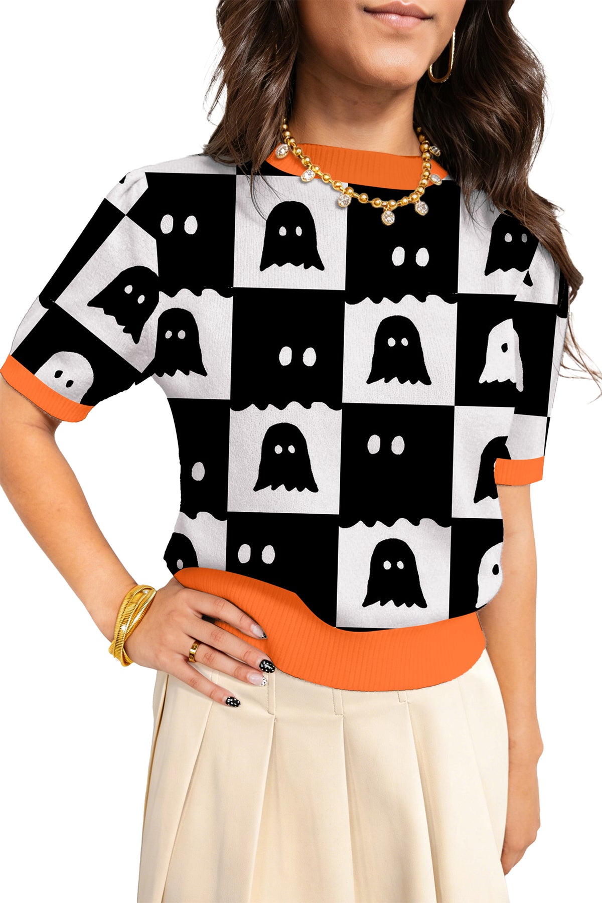 White Geometric Ghost Color Block Trim Short Sleeve Knit Sweater