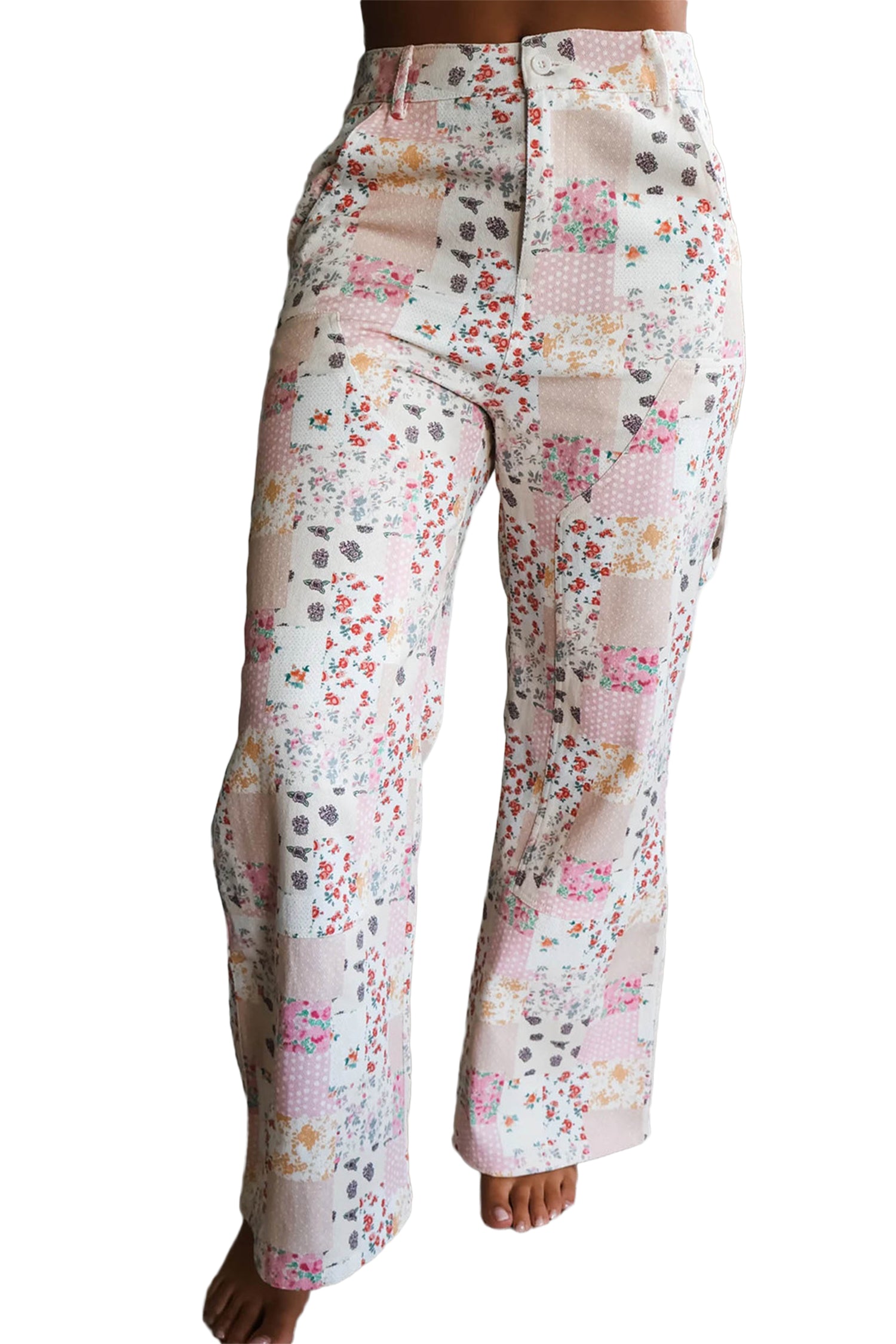 Pink Floral Patchwork Wide Leg Full Length Jeans