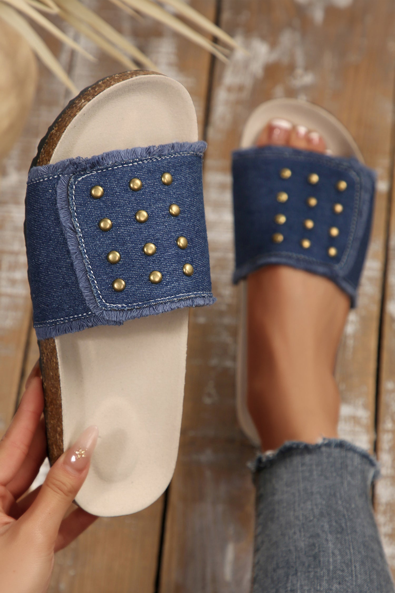 Sail Blue Frayed Denim Wide Band Retro Studded Detail Womens Slippers