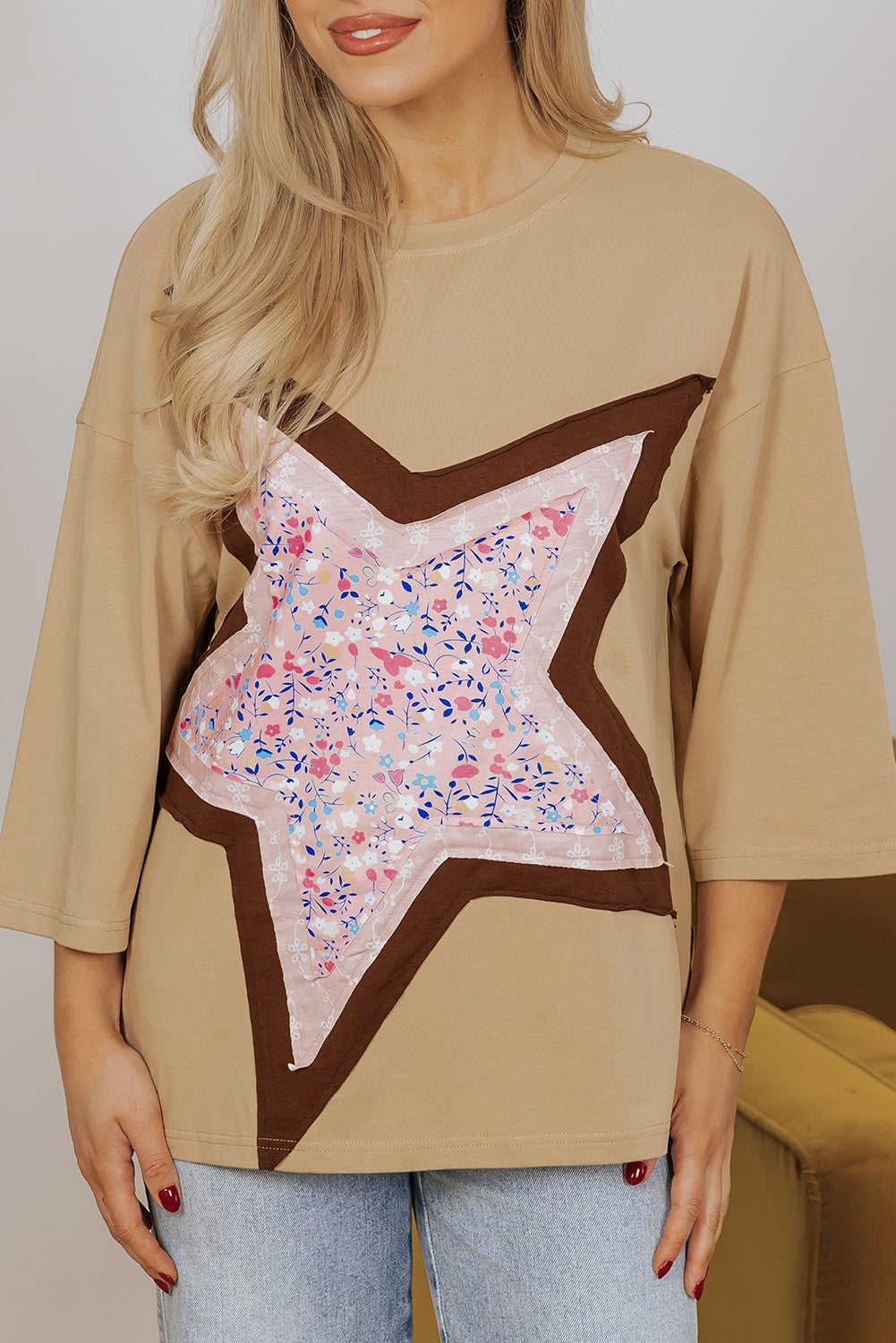 Camel Floral Star Patchwork 3/4 Long Sleeve Top