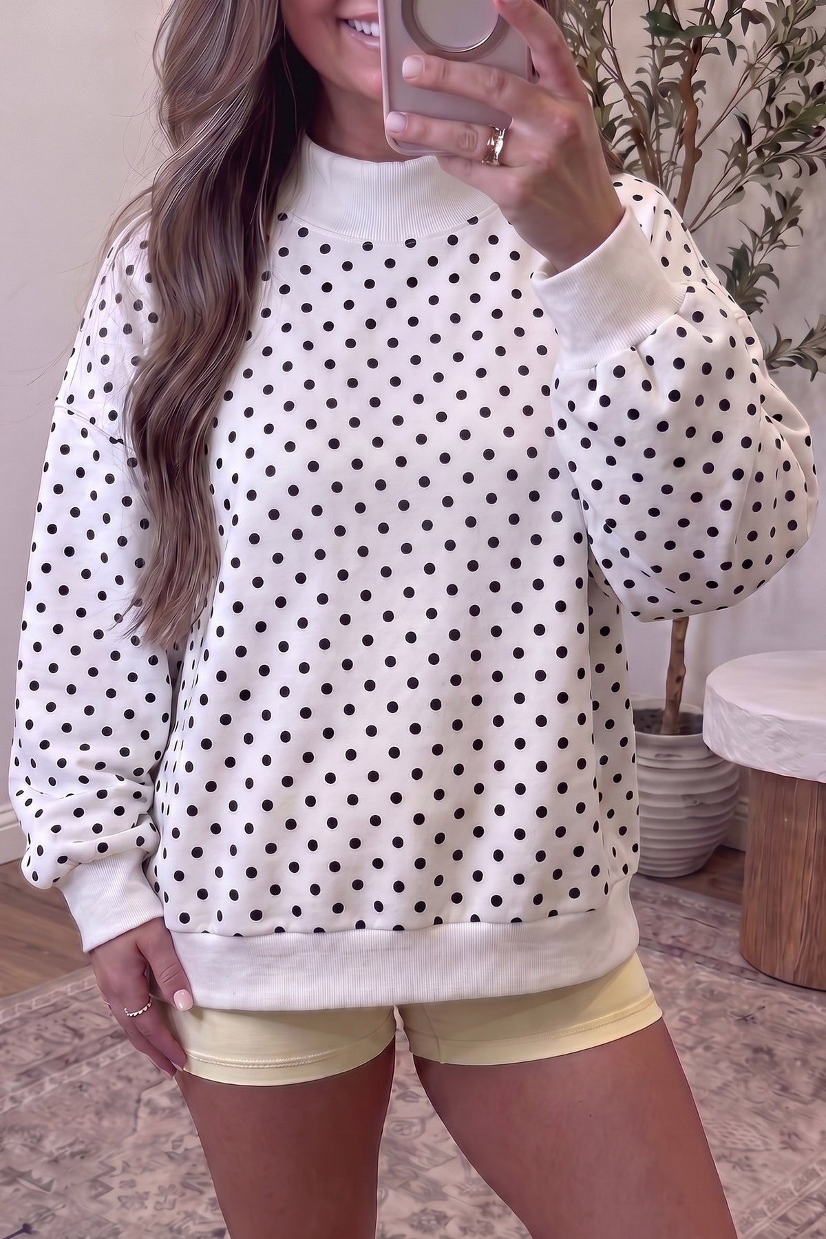 White Casual Polka Dot Mock Neck Sweatshirt