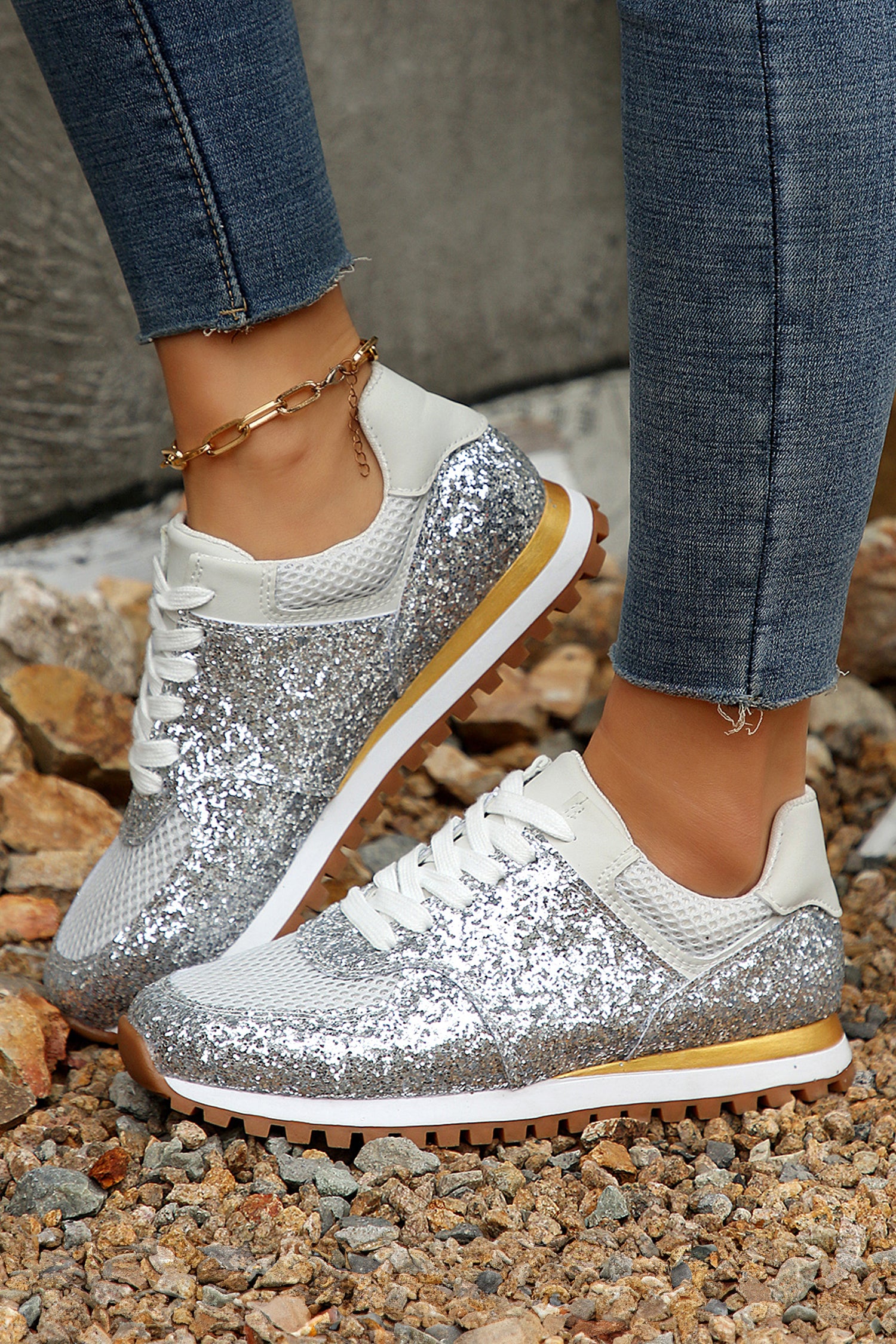 Silvery Sequin Mesh Patchwork Lace Up Sneakers