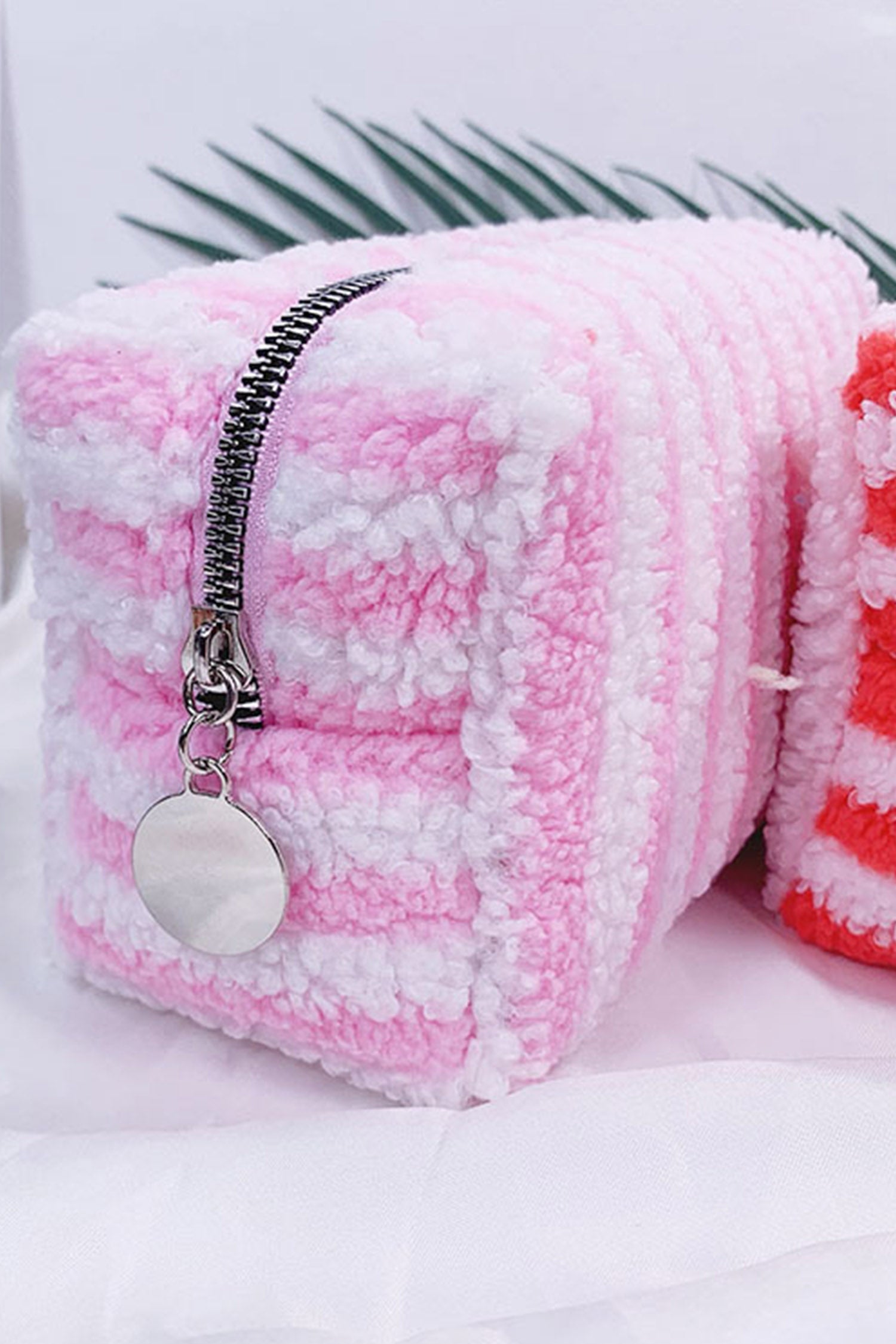 Pink Plush Striped Microfiber Cosmetic Bag with Key Charm Zipper Closure