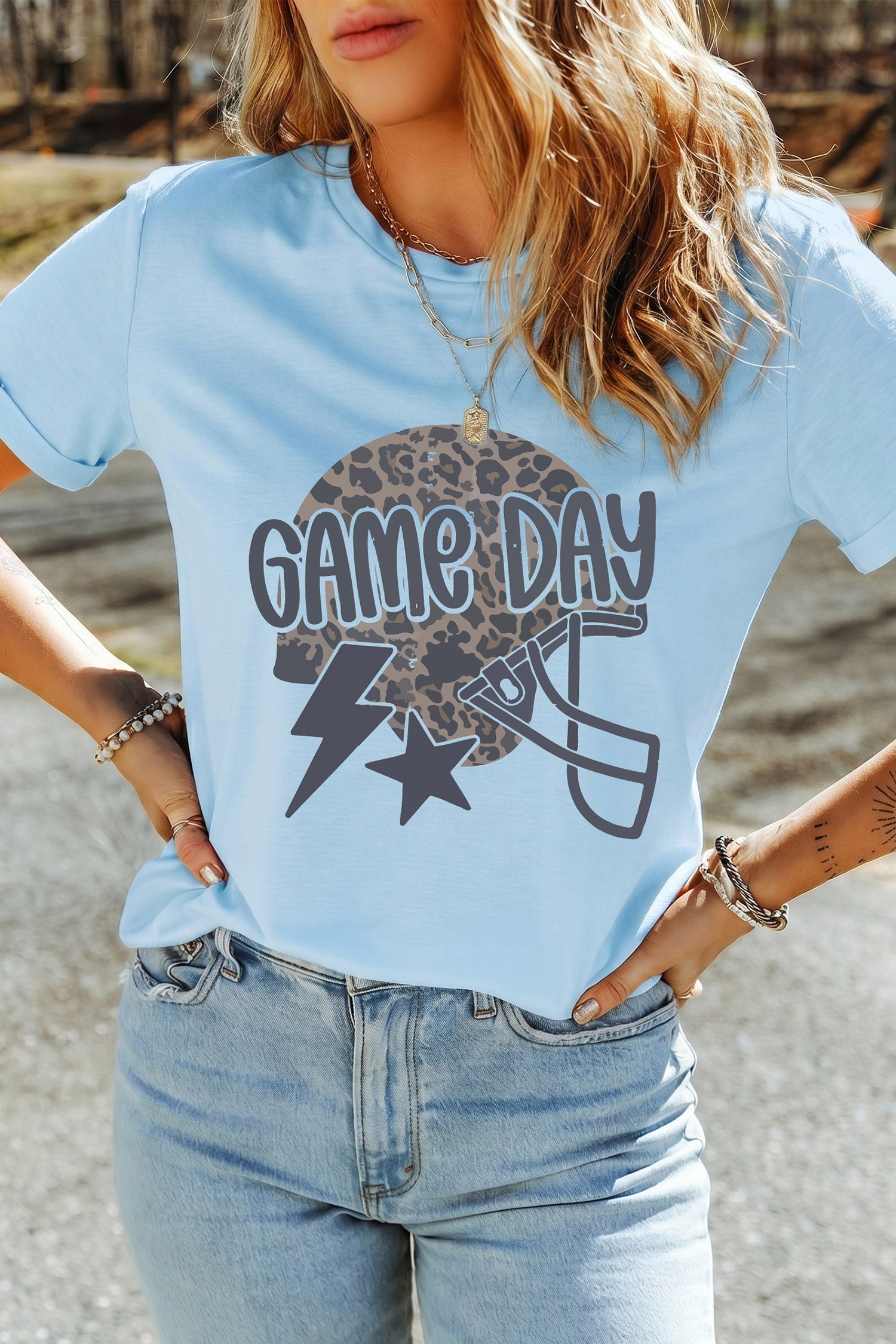 Light Blue Leopard Print Lightning Star Helmet Graphic Game Day T Shirt