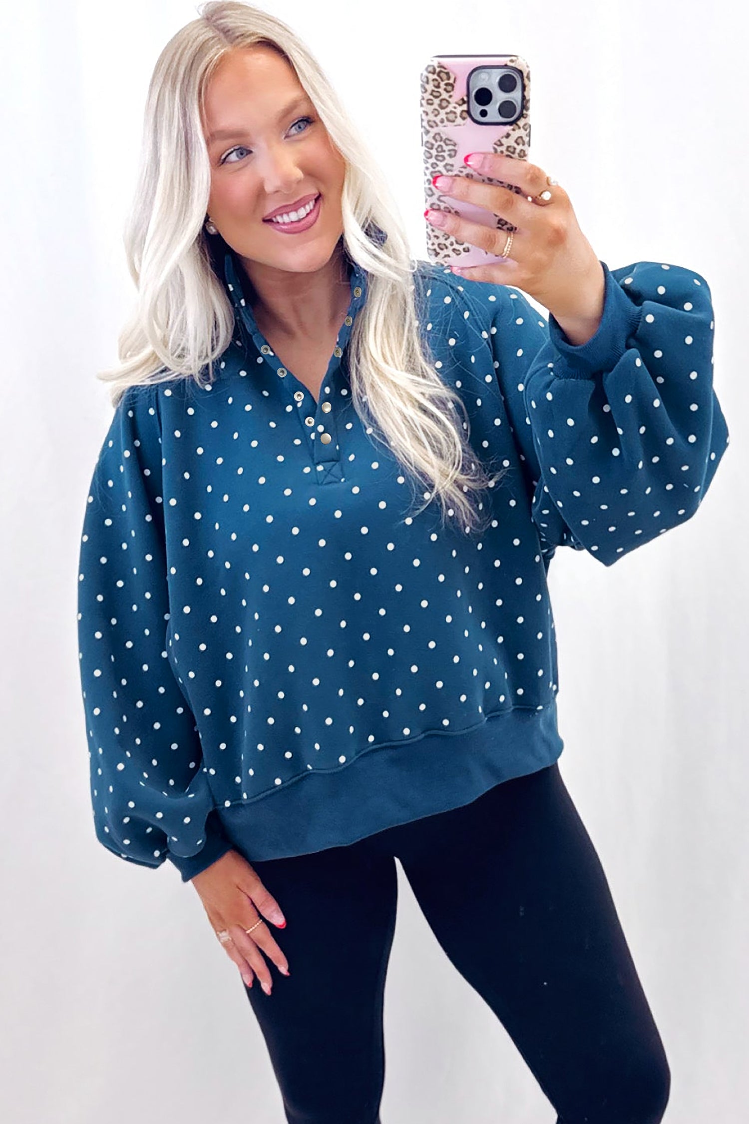Blue Polka Dot Print Metal Button Collar Casual Pullover Sweatshirt