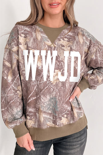 Brown Casual Camo WWJD Graphic Slit Sweatshirt