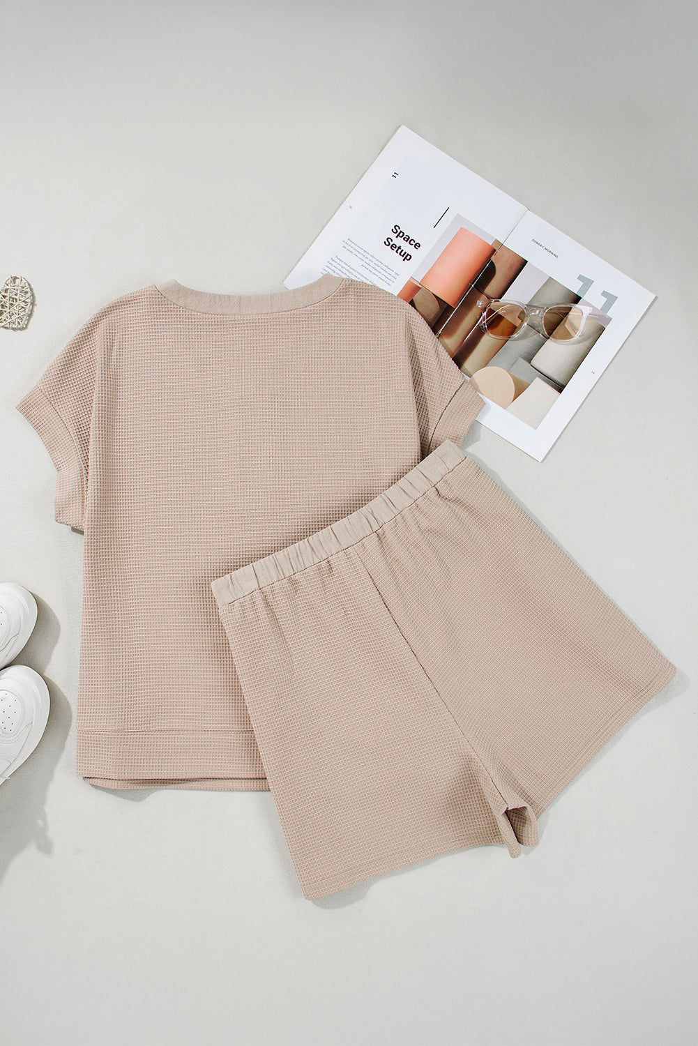 Parchment Waffle Short Sleeve Henley Top Drawstring Shorts Plus Size Set