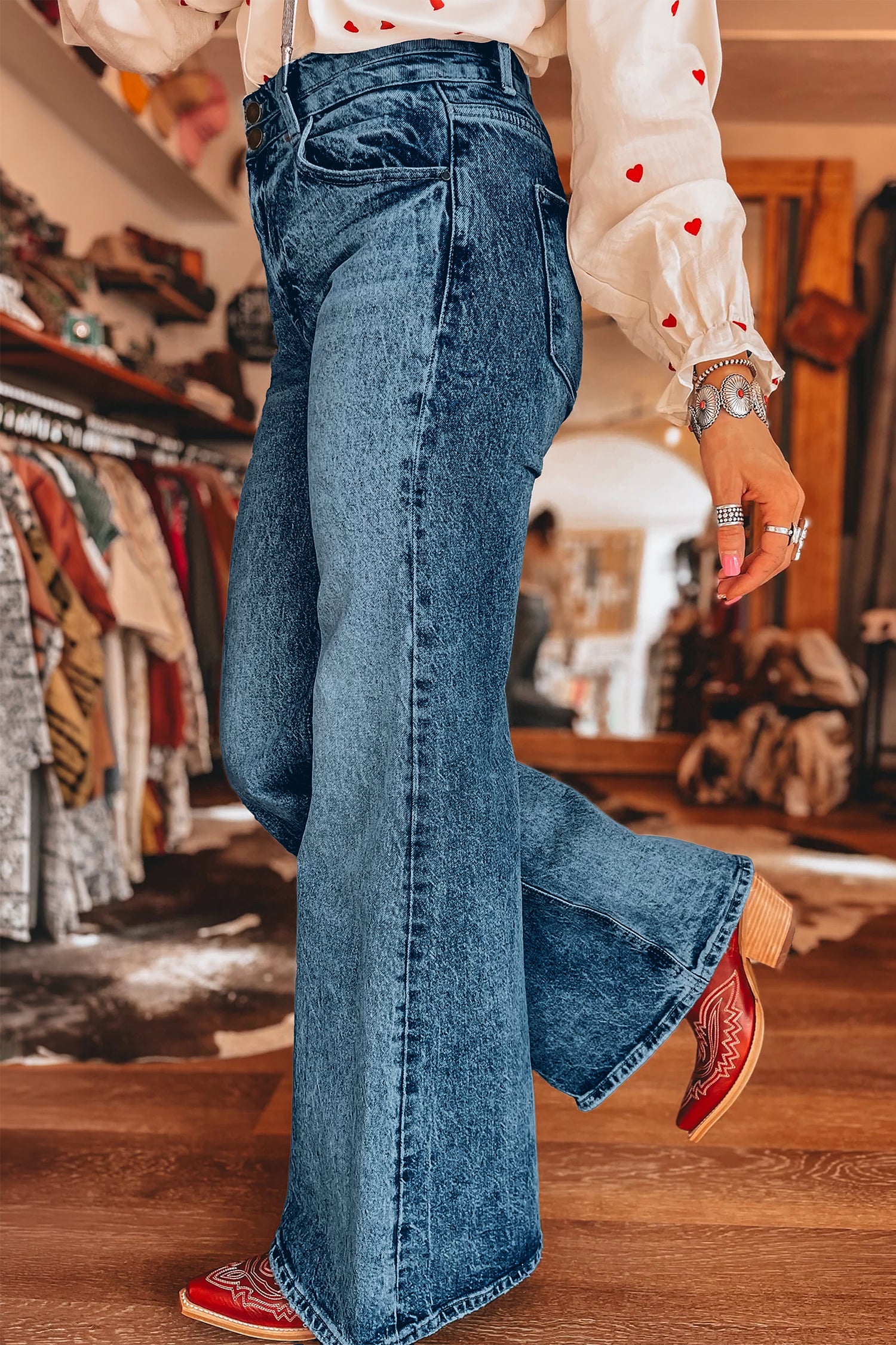 Sail Blue Acid Wash Pocket Detail Flare Jeans