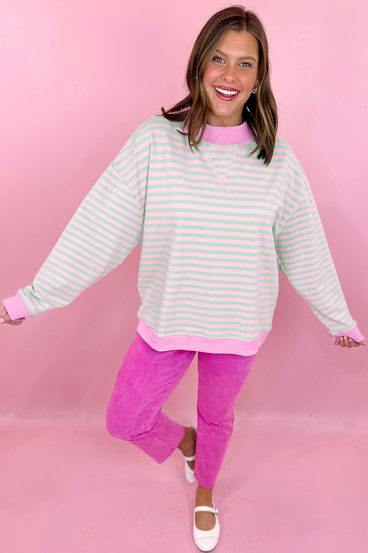 Green Stripe Striped Stand Neck Long Sleeve Sweatshirt