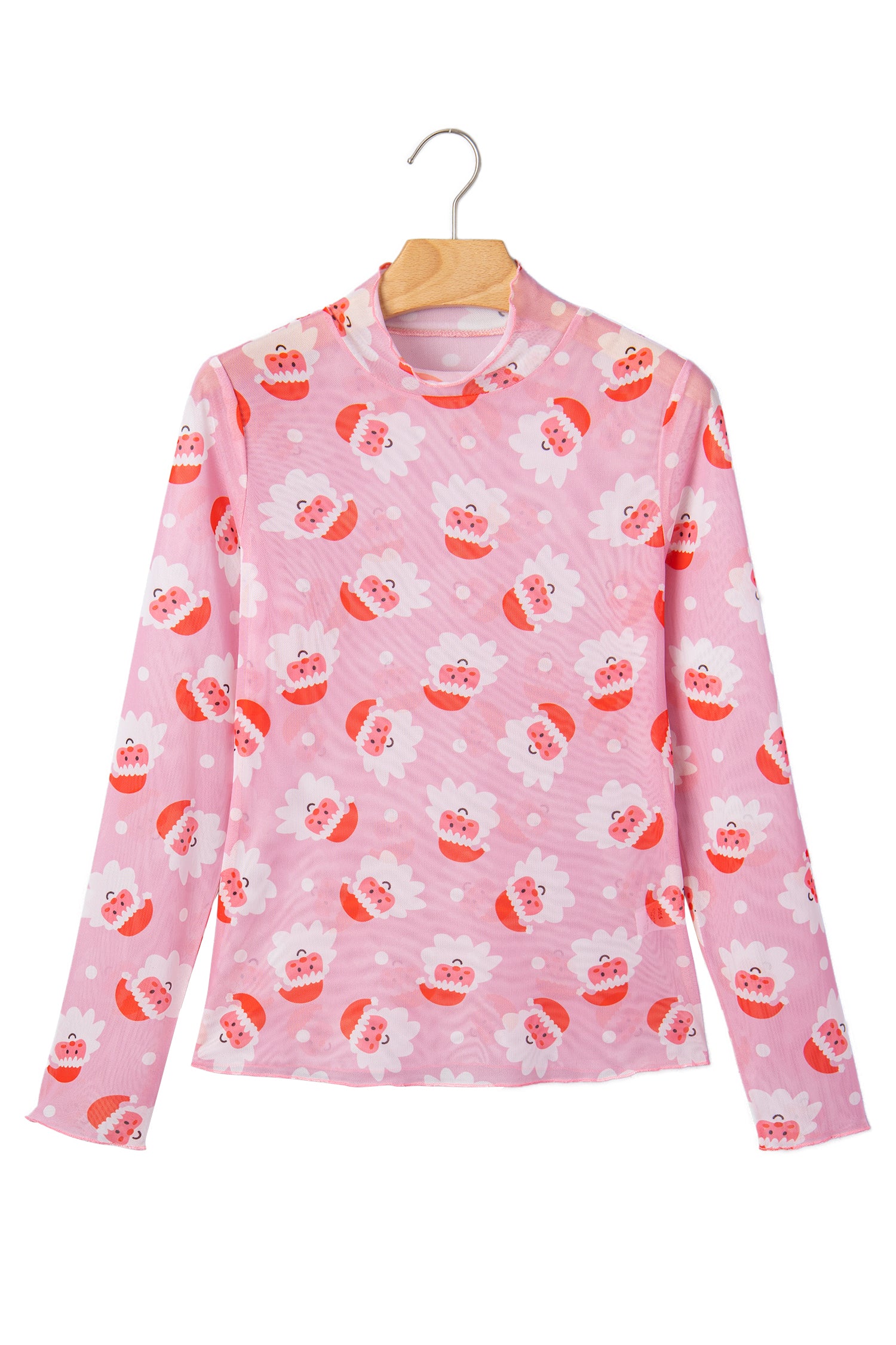 Pink Abstract Santa Print Stand Neck Sheath Long Sleeve Top