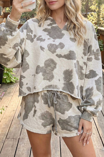 Gray Western Print Raw Hem Long Sleeve Top Drawstring Shorts Set