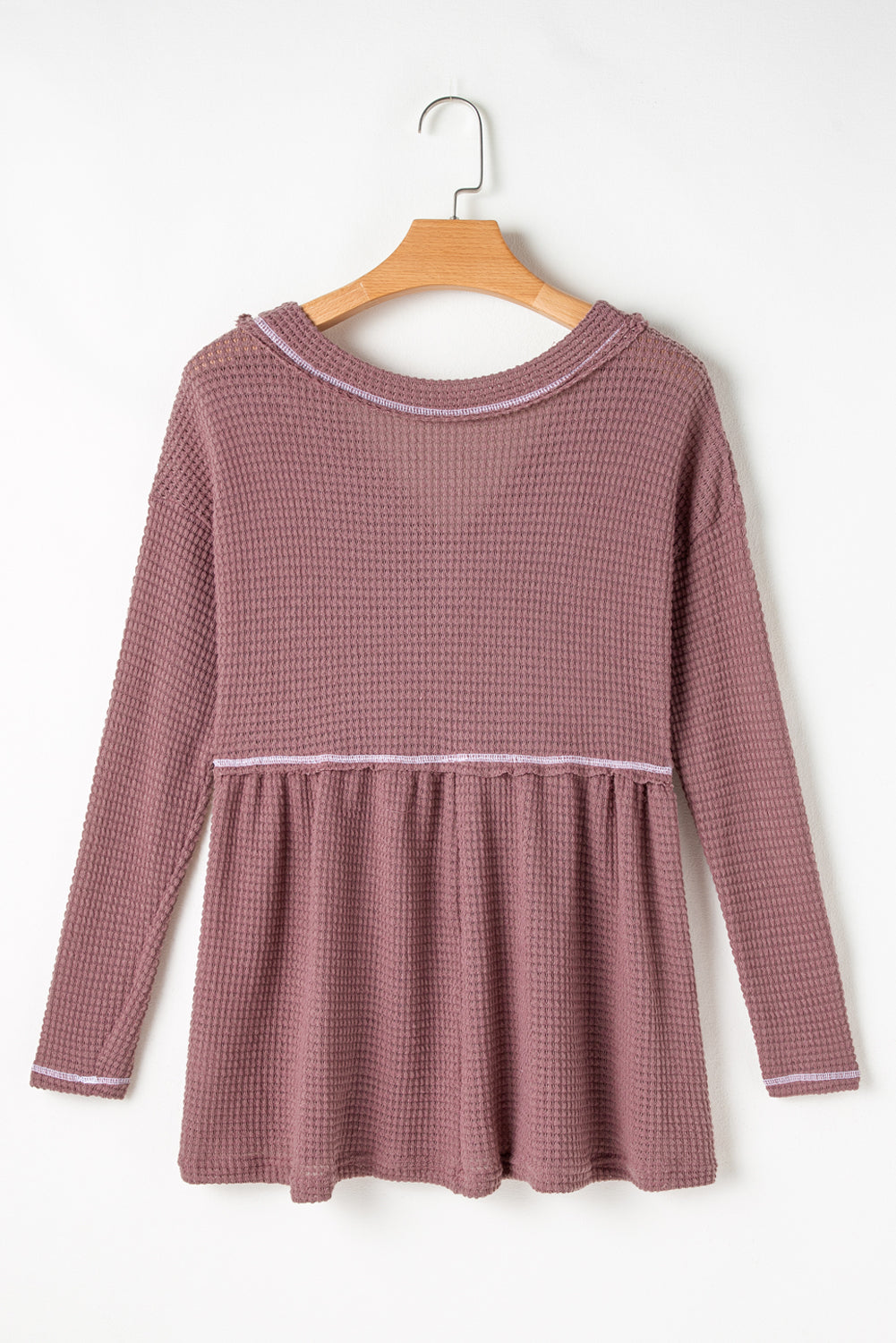 Pink Waffle Knit V Neck Long Sleeve Babydoll Top