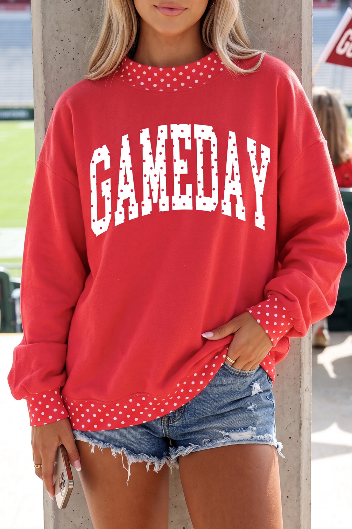 Red Polka Dot Game Day Graphic Pullover Mock Neck Sweatshirt