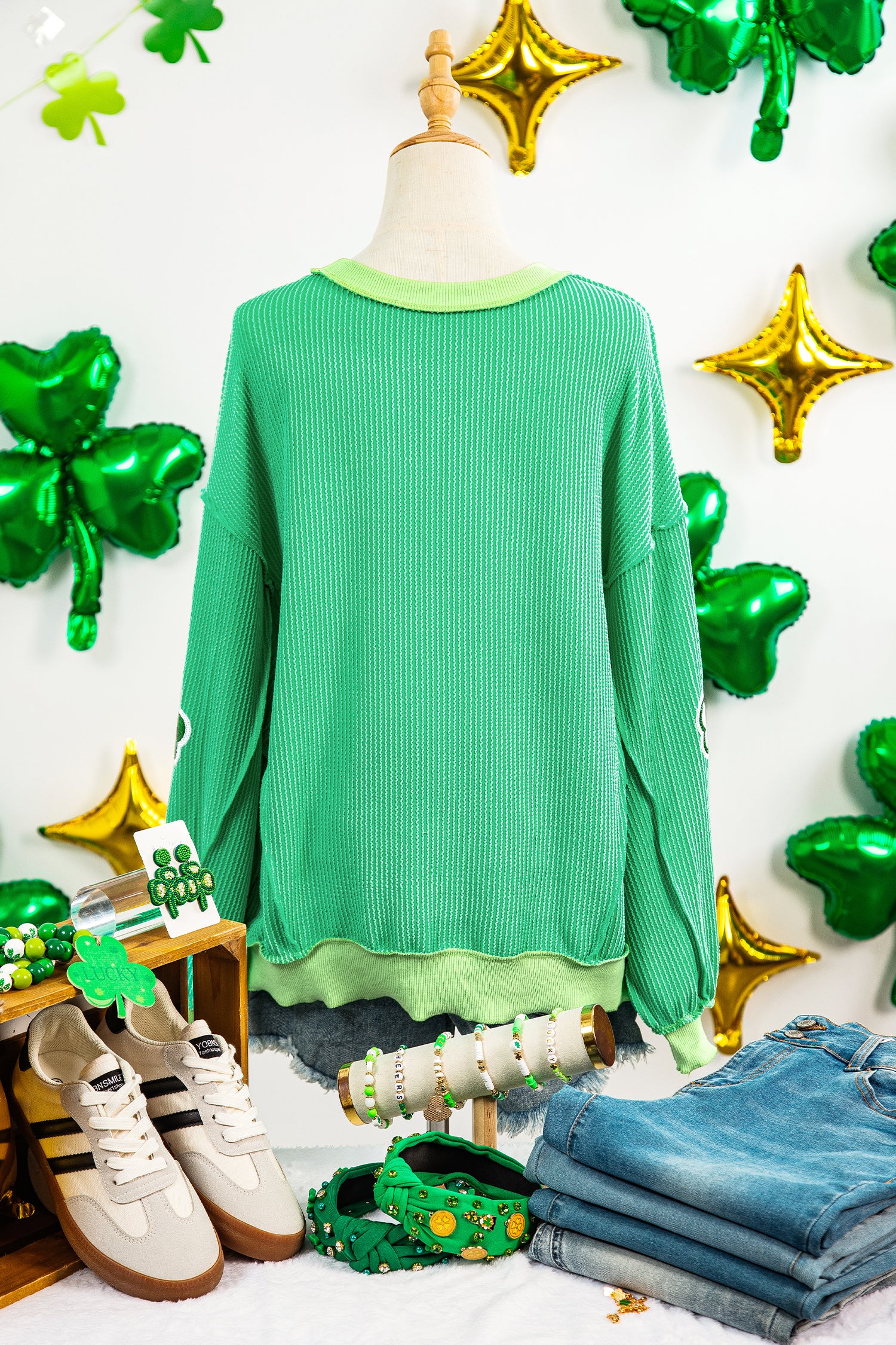 Bright Green Twisted Rib Sequin Clover Patched Color Block Detail Loose Pullover Top