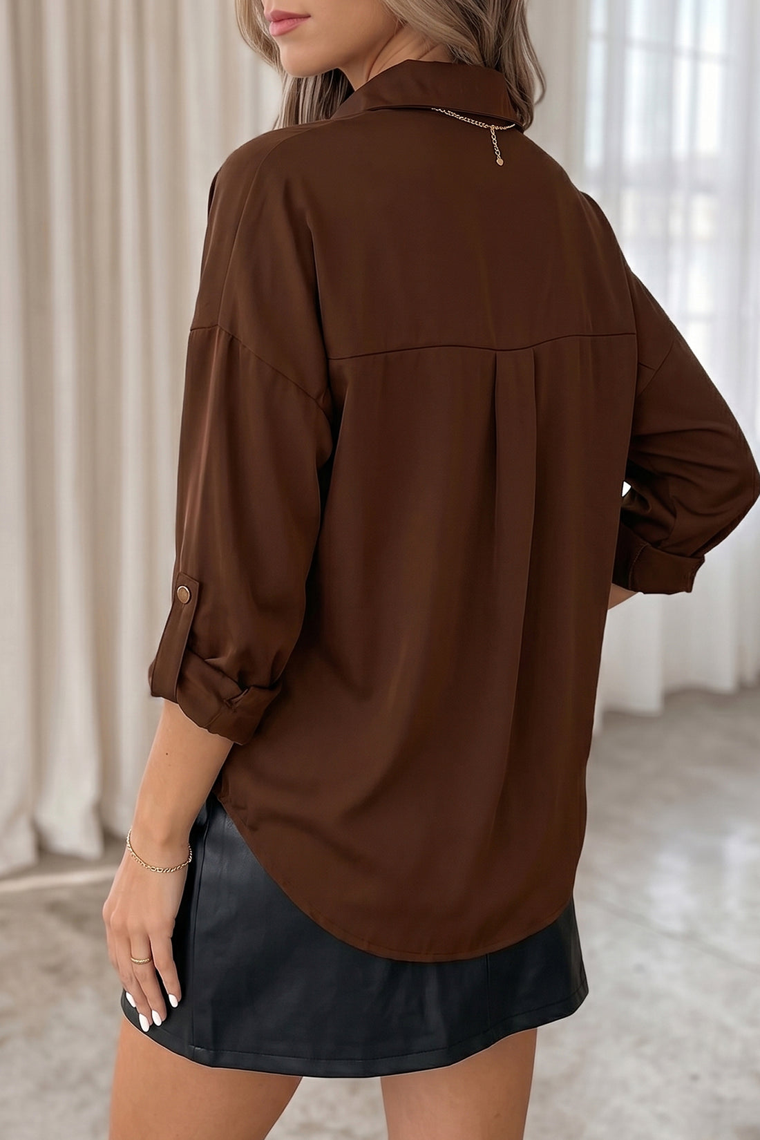 Coffee Multi Button Decoration Tab Long Sleeve Casual Shirt
