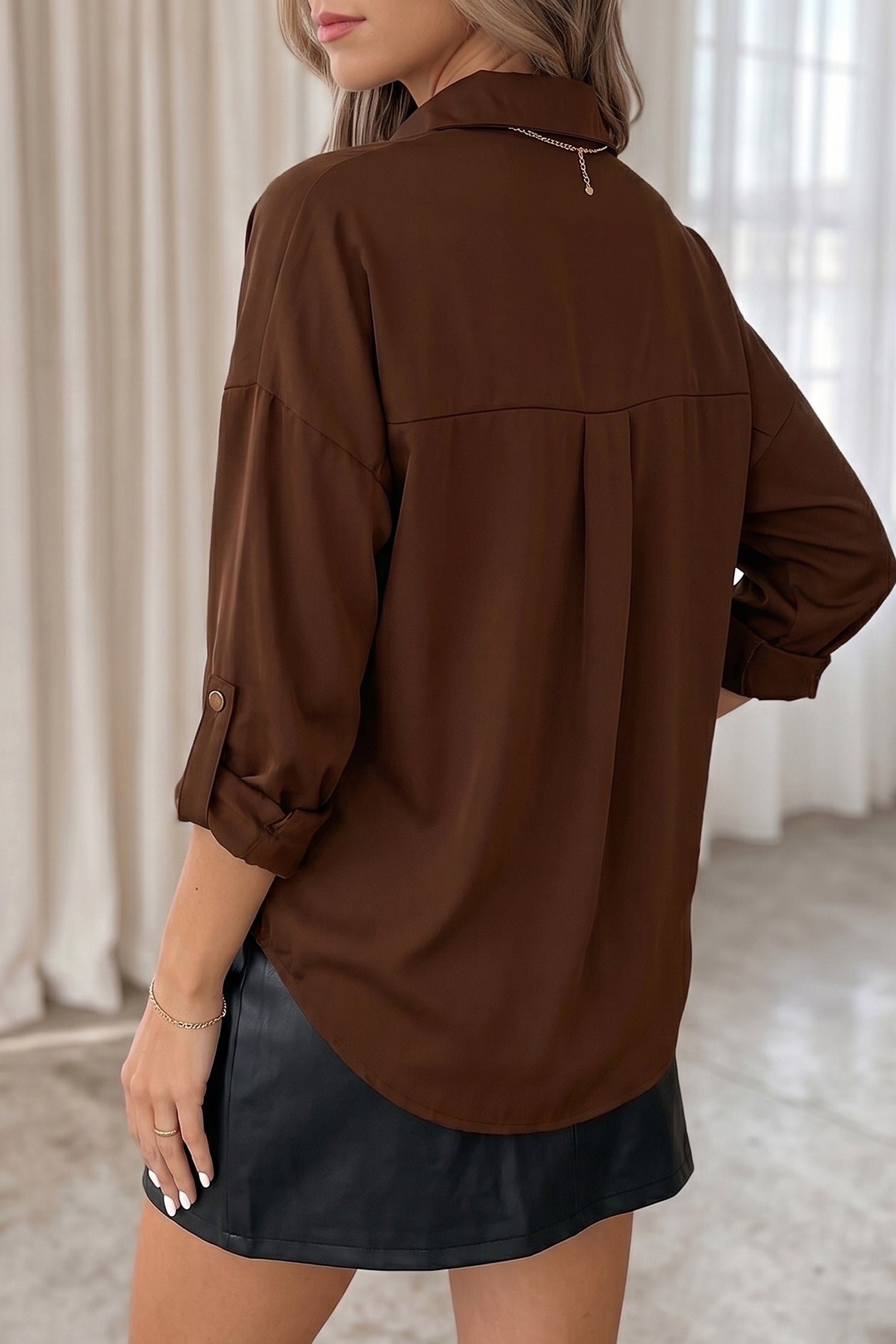 Coffee Multi Button Decoration Tab Long Sleeve Casual Shirt