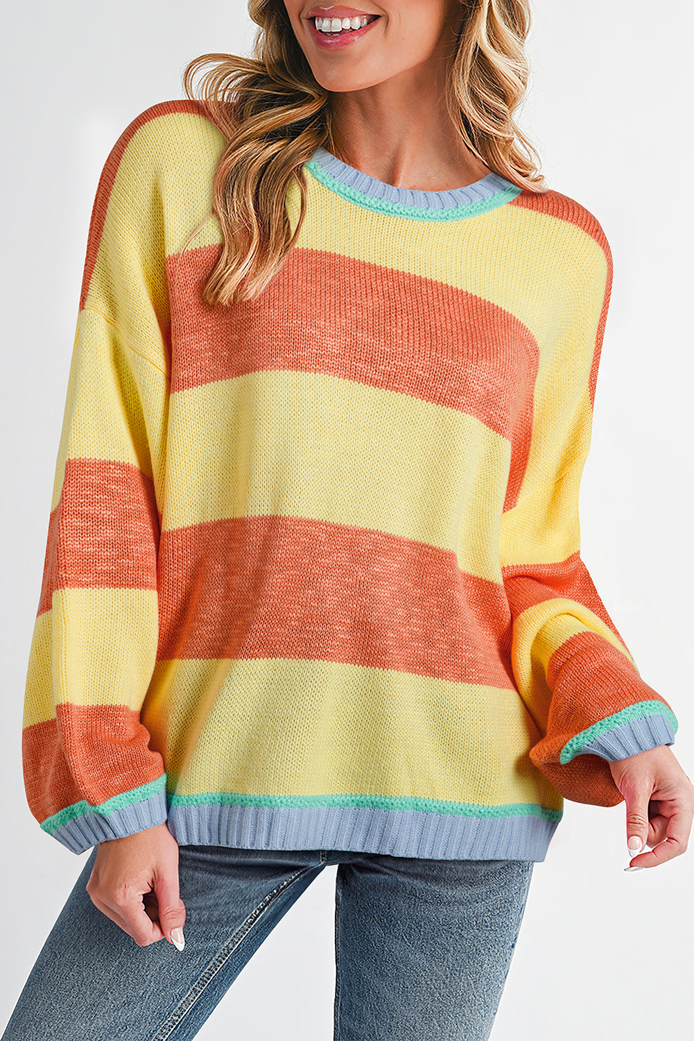 Yellow Stripe Contrasting Trim Round Neck Oversize Sweater