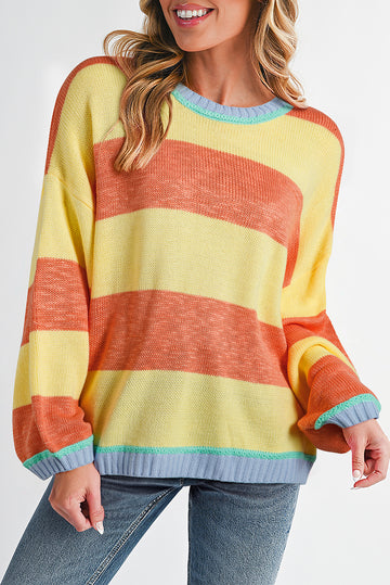 Yellow Stripe Contrasting Trim Round Neck Oversize Sweater