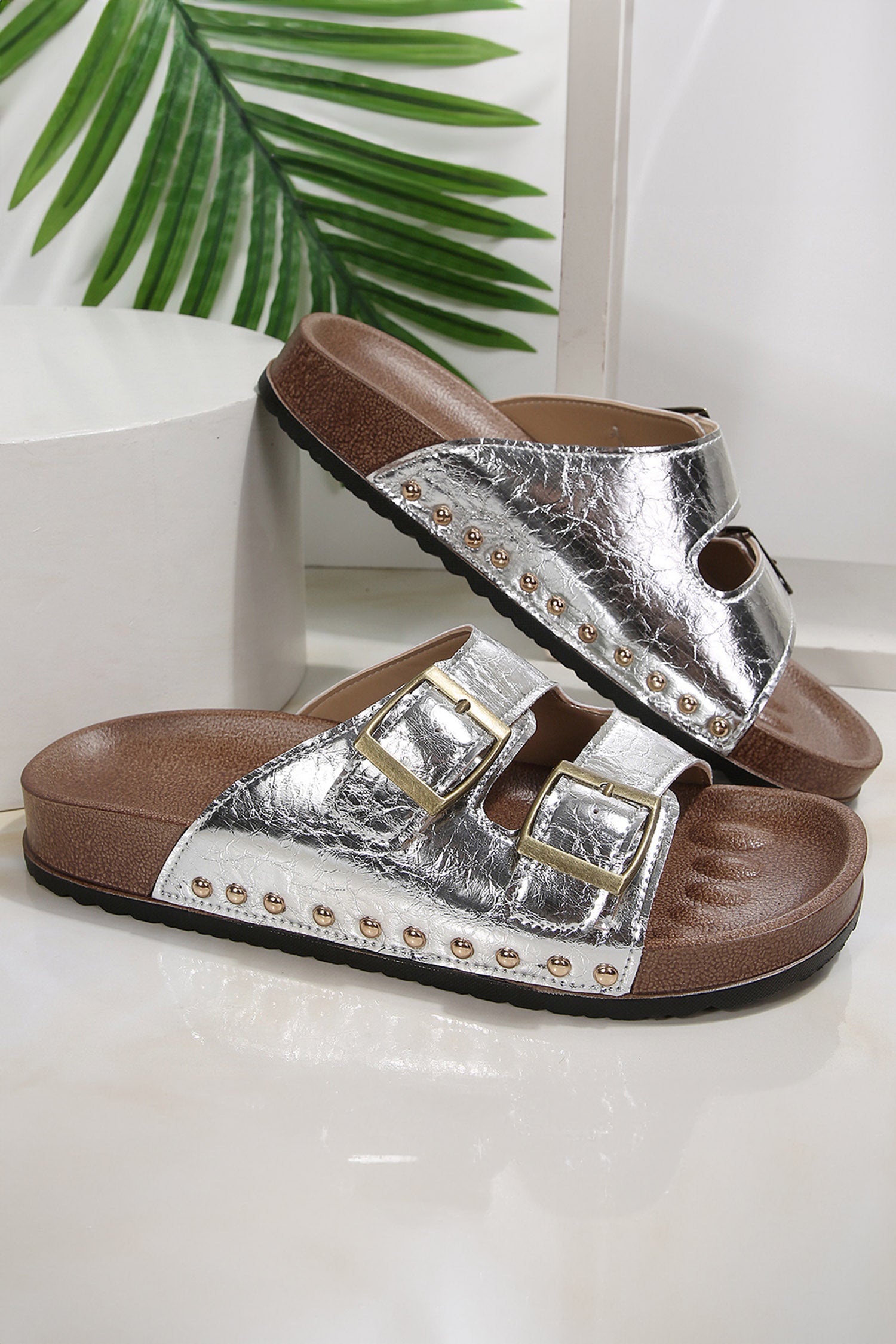 Silvery Retro Buckle Cutout Straps PU Leather Studded Slippers