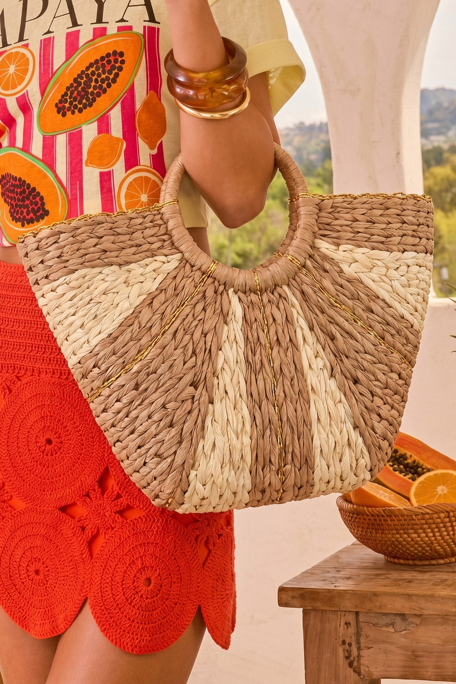 Light French Beige Fan Shape Color Block Handwoven Straw Tote Bag
