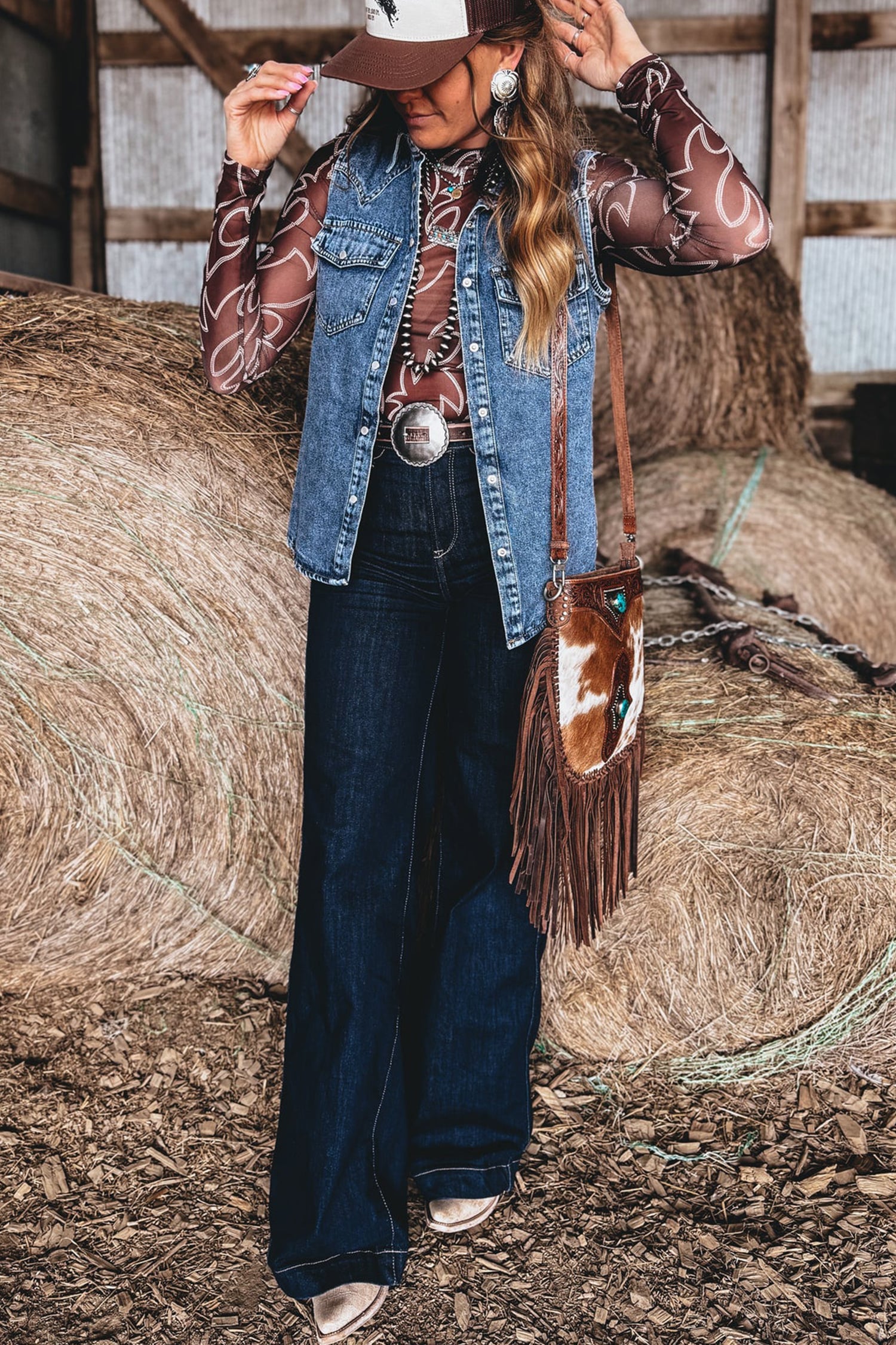 Ashleigh Blue Solid Denim Button Front Pocket Sleeveless Cowboy Vest