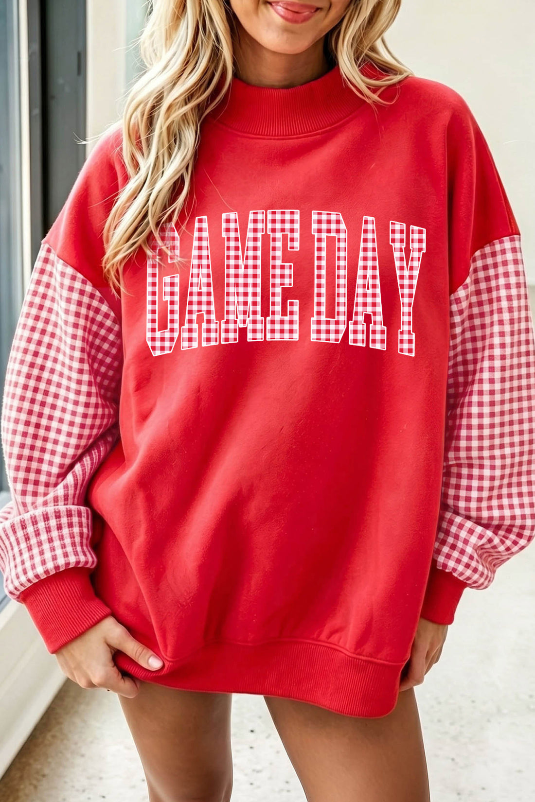 Fiery Red Game Day Plaid Sleeve Mock Neck Sweatshirt