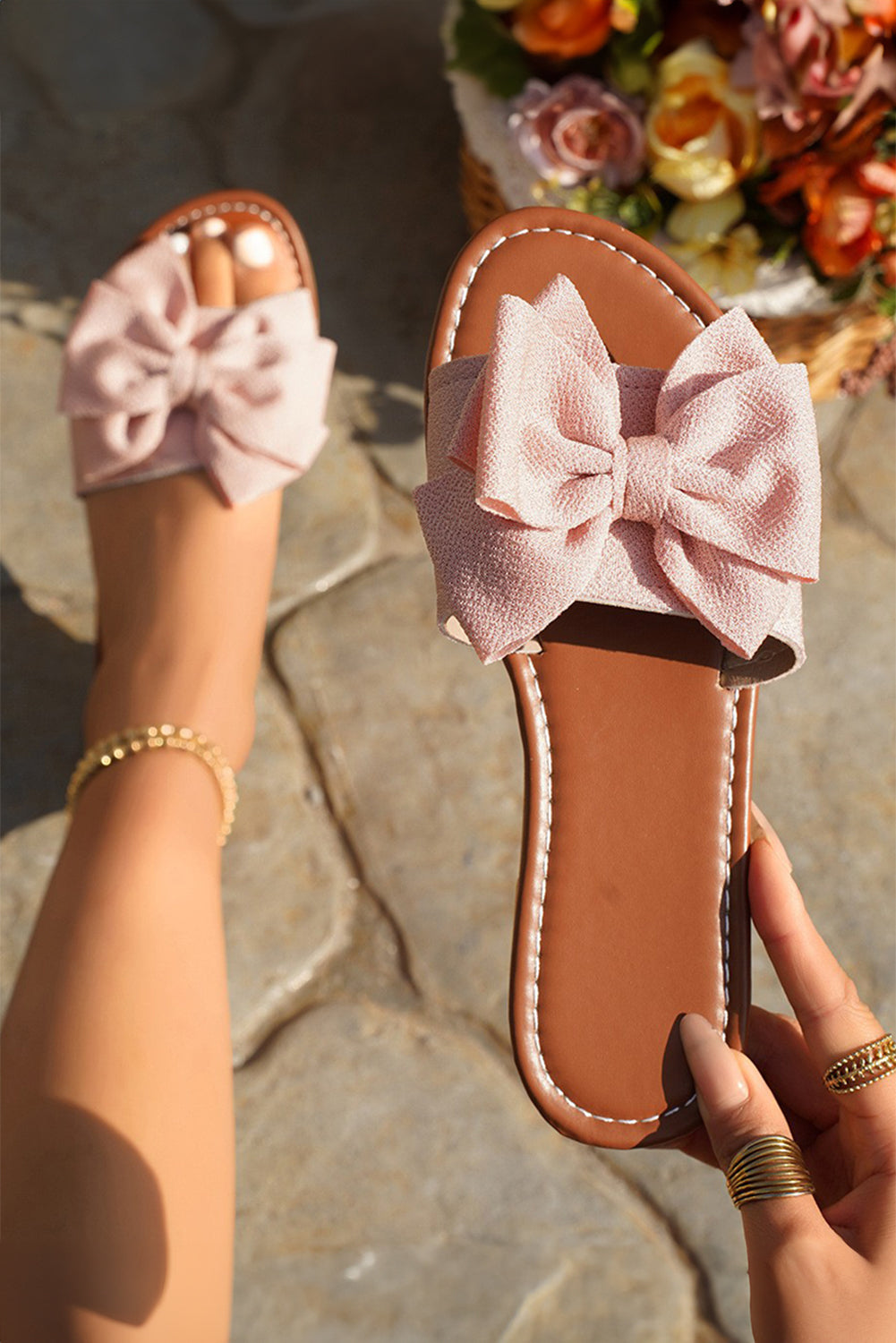 Pink Bow Knot Decor PU Leather Insole Flat Slippers