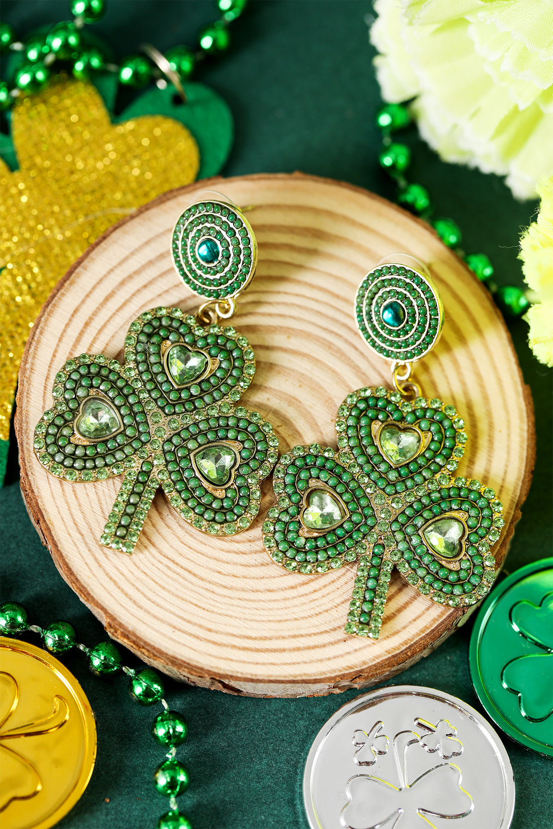 Green St Patrick Retro Beaded Clover Earrings