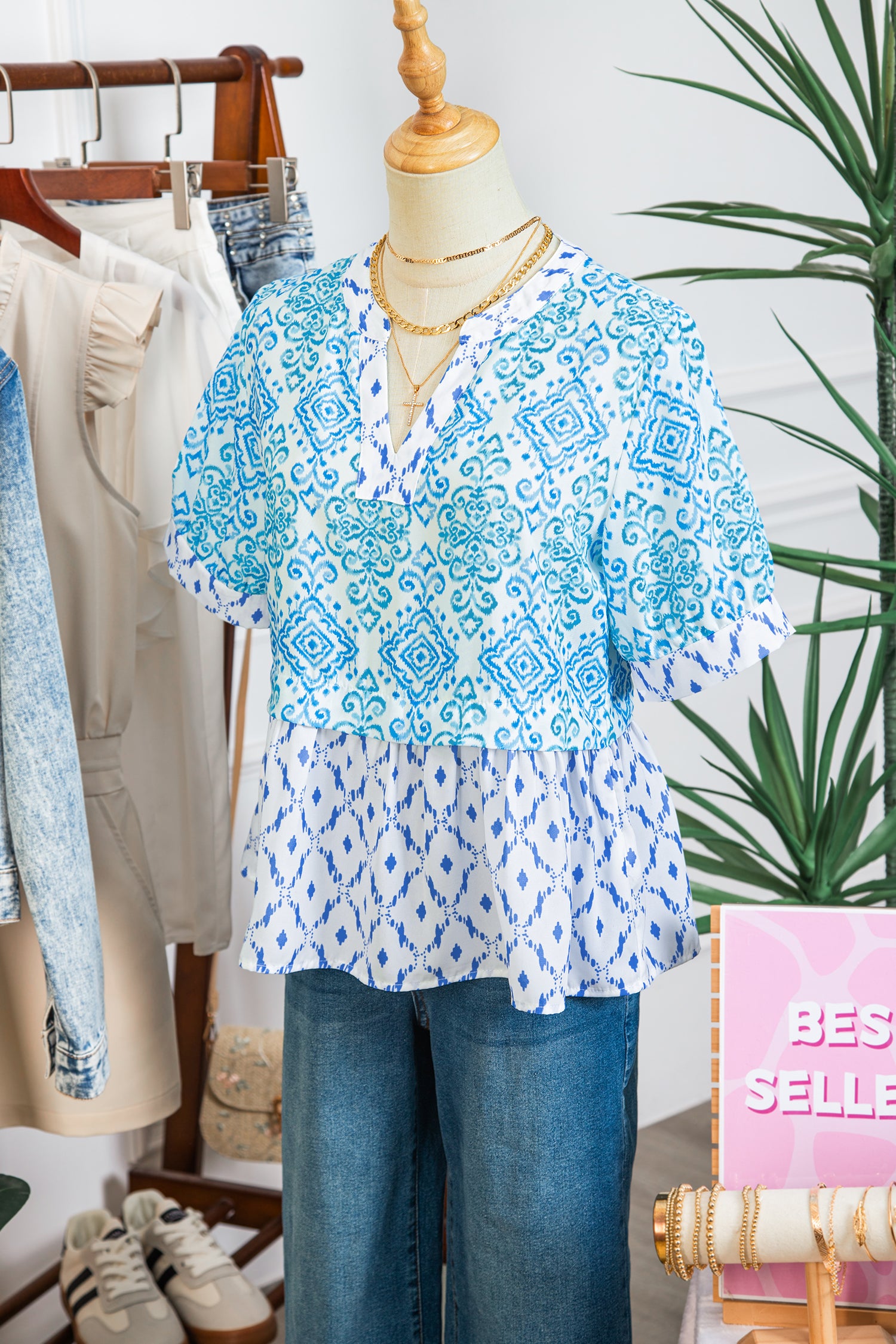 Sky Blue Boho Floral Geometric Patchwork Short Puff Sleeve Babydoll Blouse