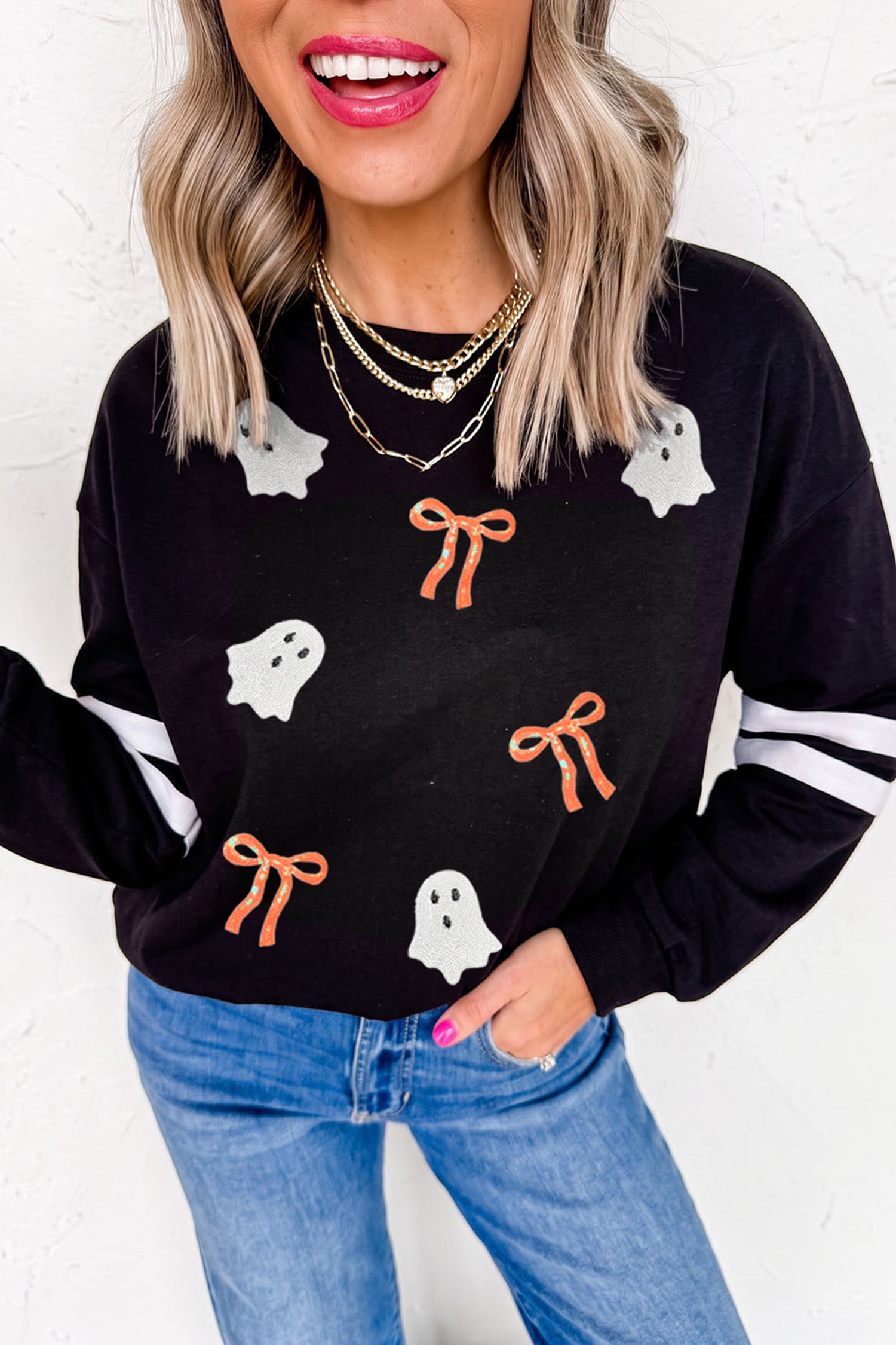Black Sequin Halloween Ghosts Bows Graphic Varsity Striped Sleeve Casual Pullover Sweatshirt