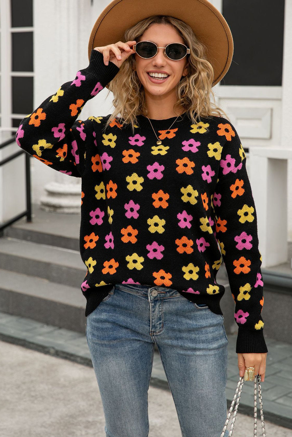 Black Cute Flower Allover Ribbed Trimmed Drop Shoulder Pullover Sweater