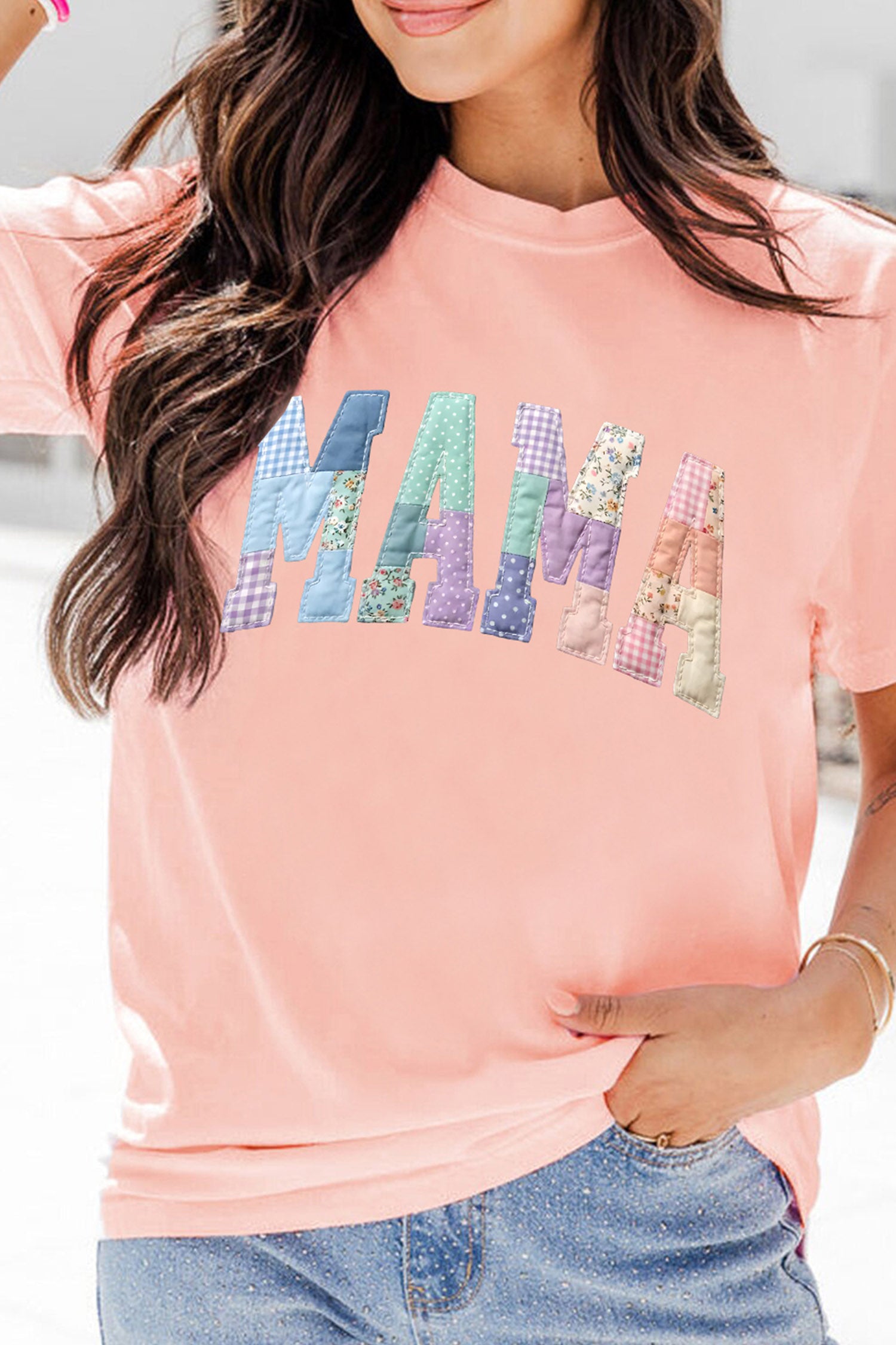 Pink Faux Patchwork Print Floral MAMA Lettering T Shirt