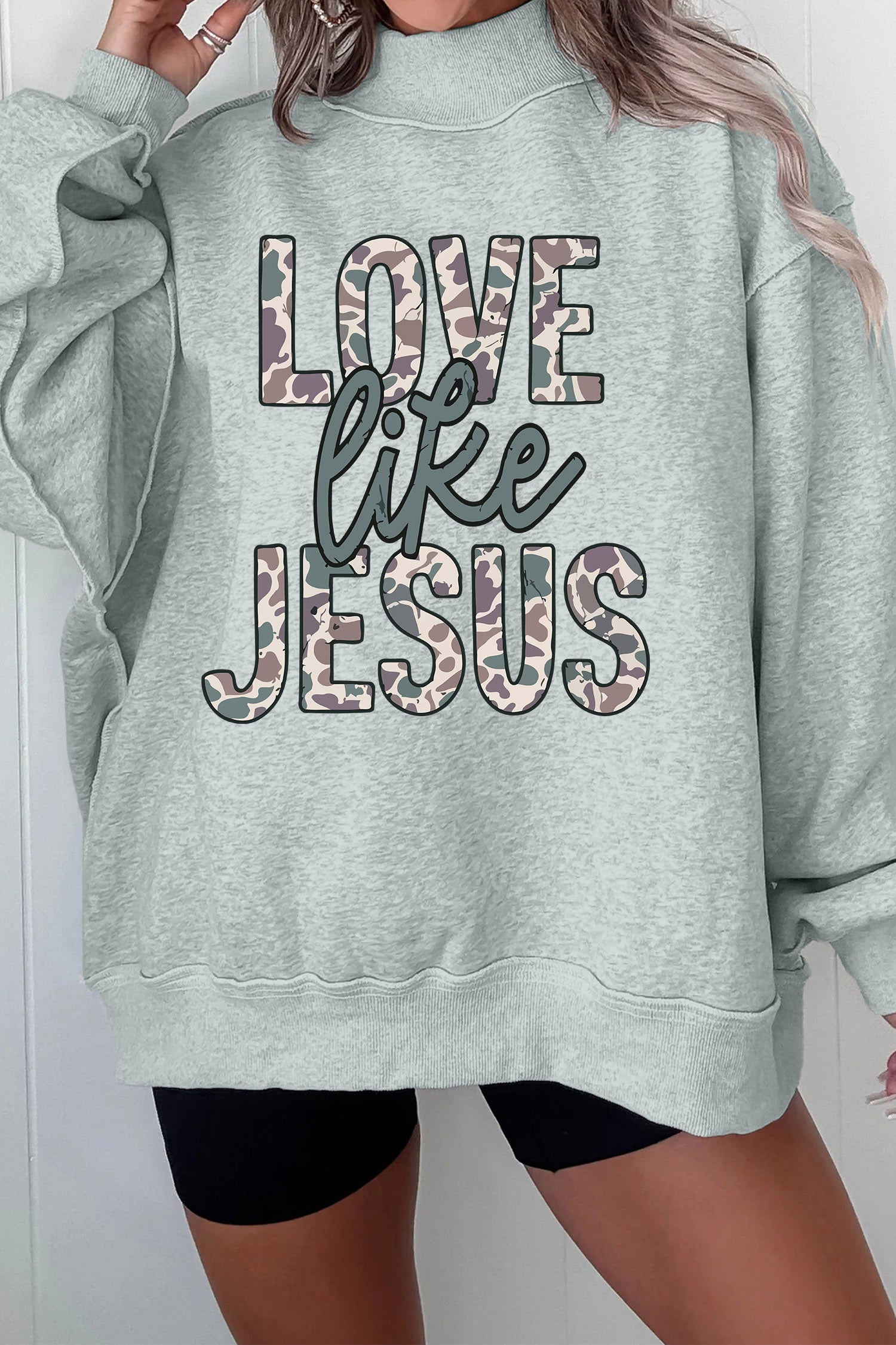 Gray Casual Camouflage Letter Print Faith Inspired Mock Neck Sweatshirt