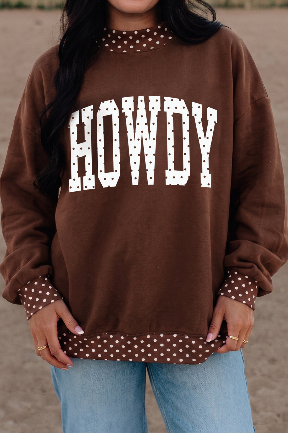 Brown HOWDY Contrast Polka Dot High Neck Western Baggy Pullover Sweatshirt