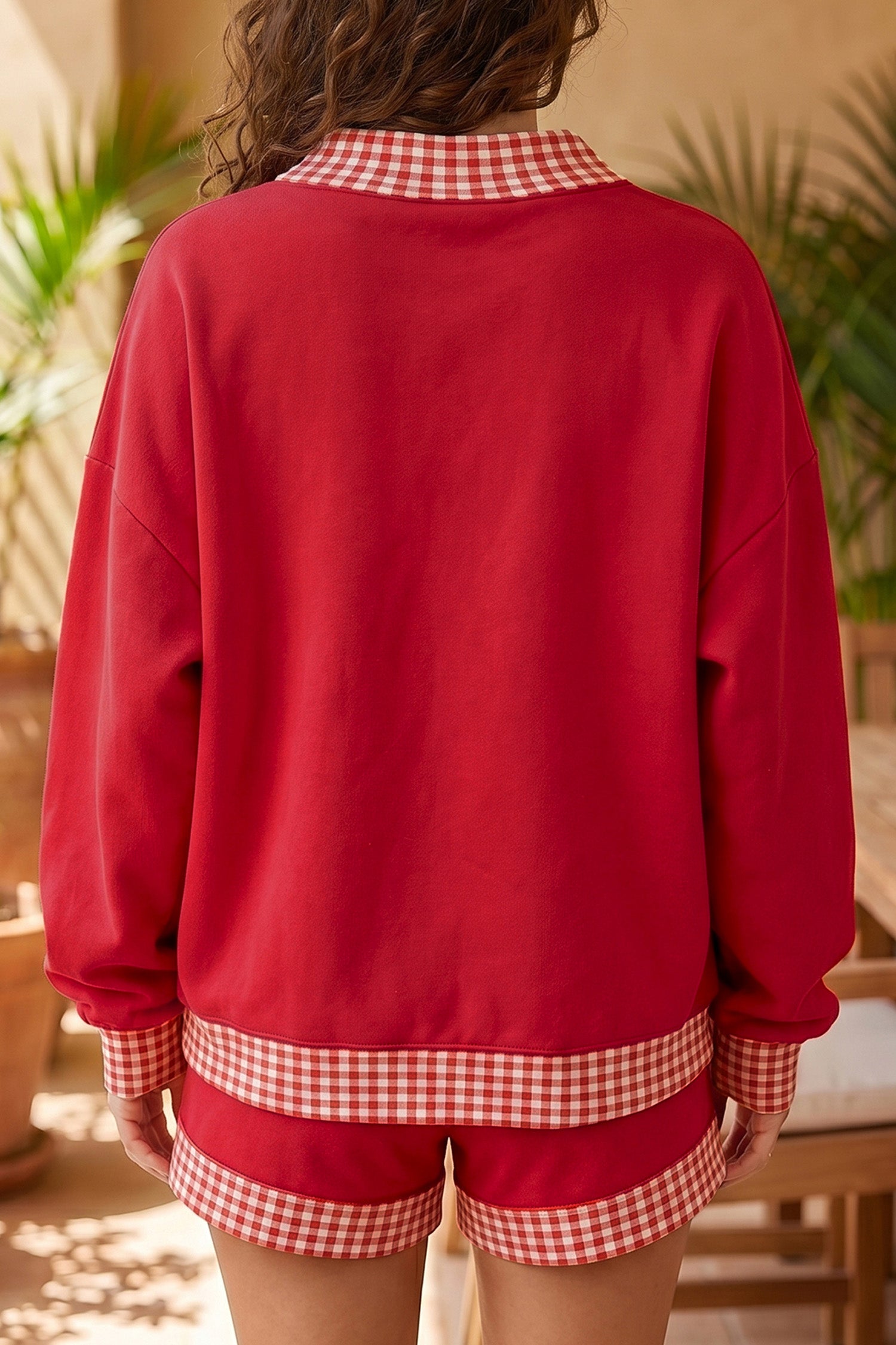 Fiery Red Game Day Gingham Trim Graphic Long Sleeve Top Shorts Set