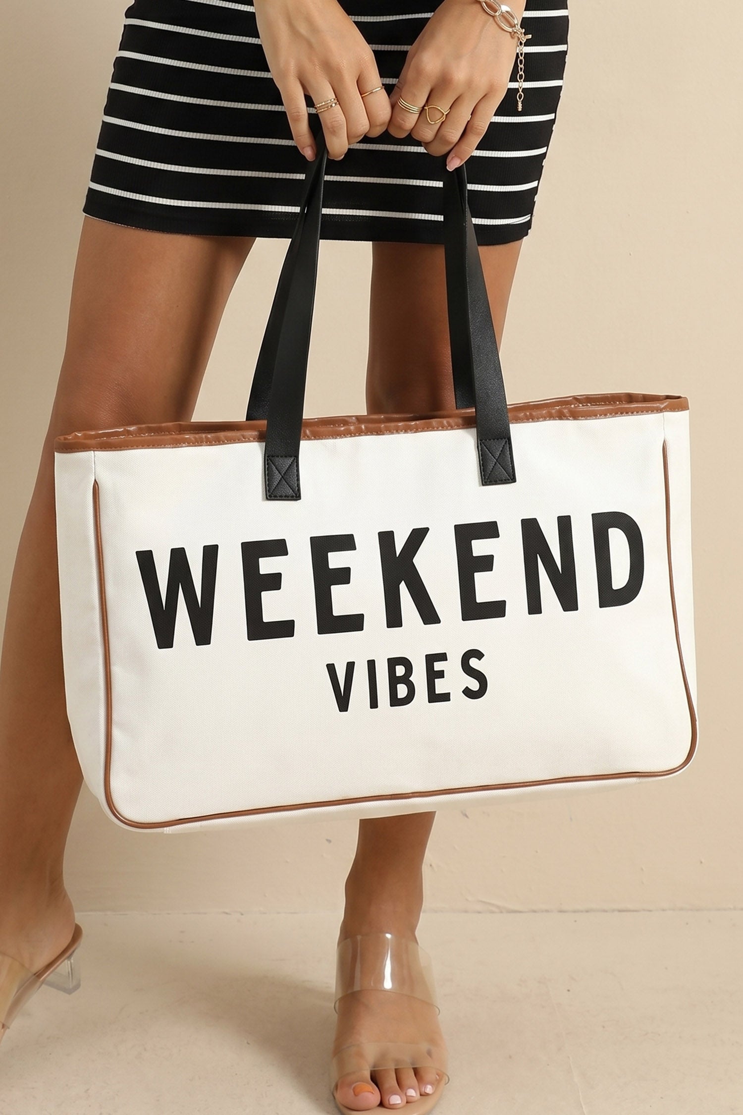 White Weekend Vibes Print Summer Travel Canvas Tote Bag
