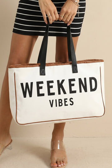 White Weekend Vibes Print Summer Travel Canvas Tote Bag