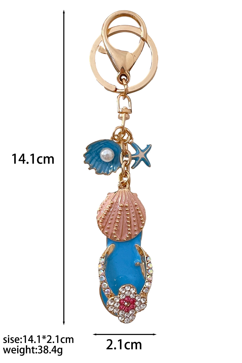 Light Blue Rhinestone Pearl Decor Slipper Shell Starfish Alloy Keychain