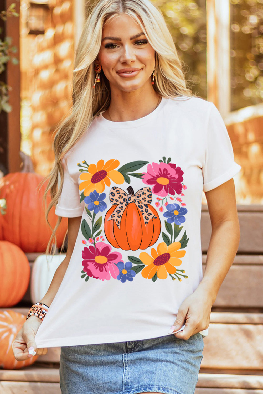 White Pumpkin Floral Graphic Thanksgiving Holiday T Shirt